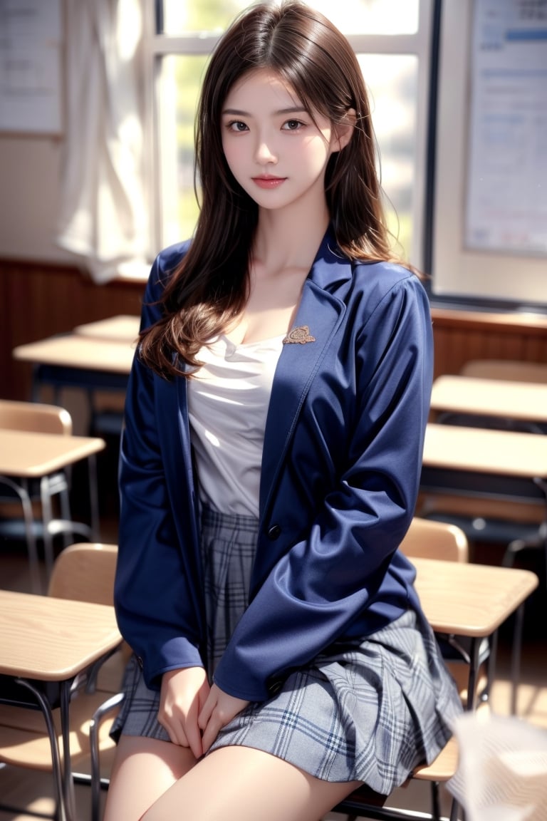 background is high school classroom,1 girl, 18 yo, beautiful girl, korean girl,sitting on chair,wearing school uniform(dark blue jacket and brown check pattern skirt),happy laugh,
solo, {beautiful and detailed eyes}, dark eyes, calm expression, delicate facial features, ((model pose)), Glamor body type, slim waist,(dark hair),long Bright wavy hair,very_long_hair, hair past hip,long straight hair,long ponytail,bangs,pale skin,detailed skin,hairpins, flim grain, realhands, masterpiece, Best Quality, 32k, high contrast,vivid color,photorealistic, ultra-detailed, finely detailed, high resolution, perfect dynamic composition, beautiful detailed eyes, sharp-focus, cowboy_shot, ,3D,GIRL,REAL