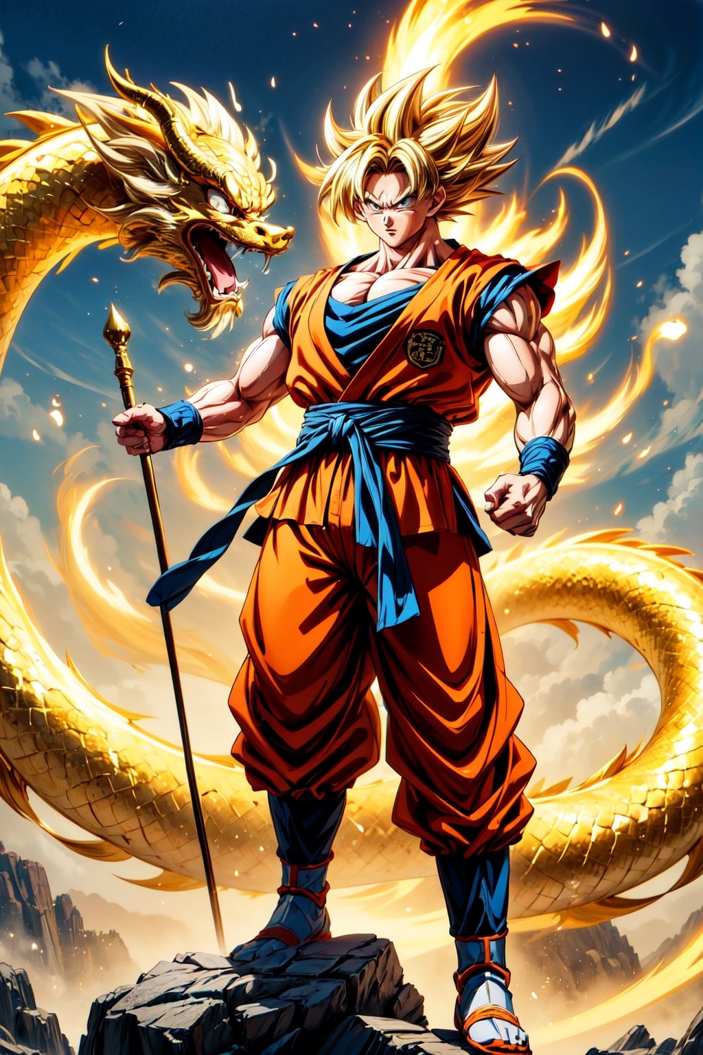 A powerful Goku stands atop a majestic golden Chinese dragon, his aura radiating with boundless energy. The intricate scales of the dragon shimmer in the sunlight, while Goku's determined expression shows his readiness for battle.
(Masterpiece, Best Quality, 8k:1.2), (Ultra-Detailed, Highres, Extremely Detailed, Absurdres, Incredibly Absurdres, Huge Filesize:1.1), (Anime Style:1.3), , Golden oriental dragon