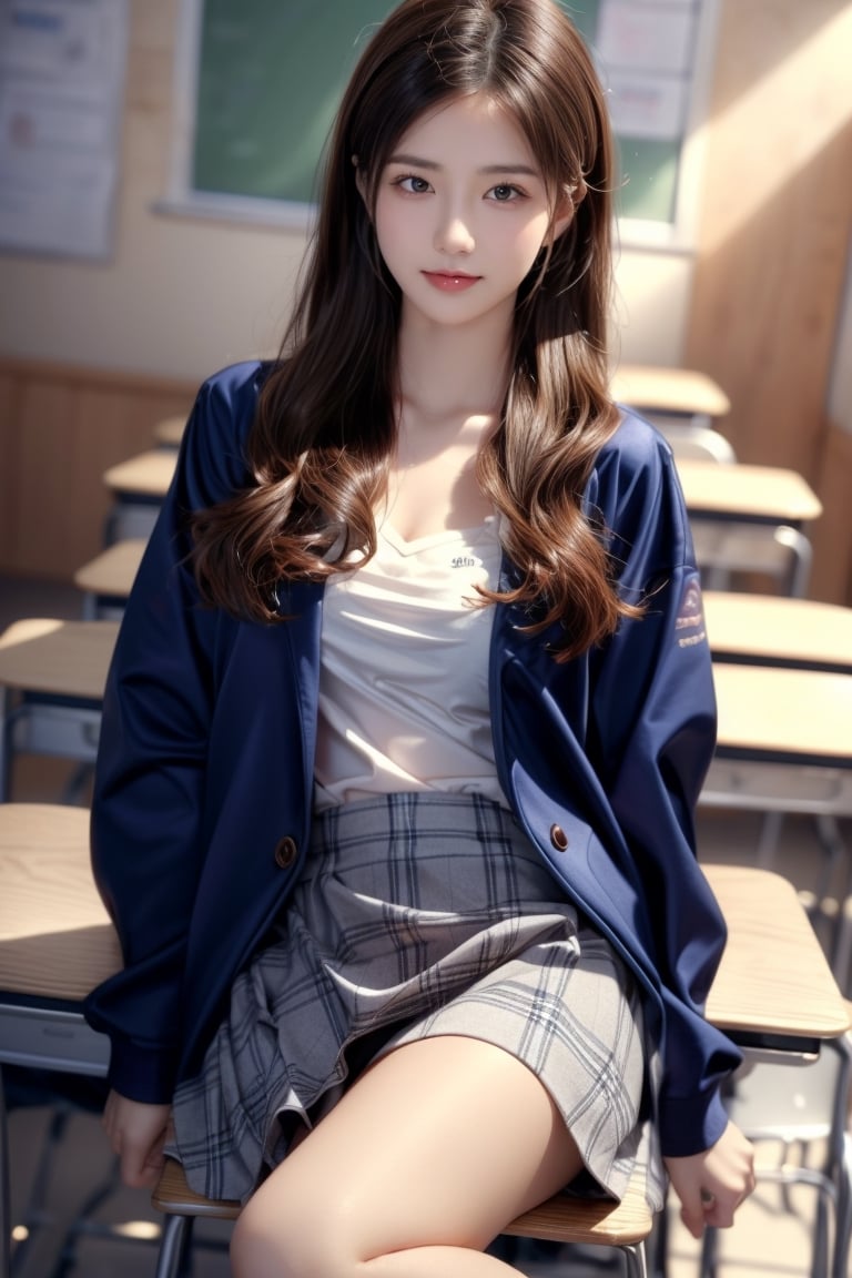 background is high school classroom,1 girl, 18 yo, beautiful girl, korean girl,sitting on chair,wearing school uniform(dark blue jacket and brown check pattern skirt),happy laugh,
solo, {beautiful and detailed eyes}, dark eyes, calm expression, delicate facial features, ((model pose)), Glamor body type, slim waist,(dark hair),long Bright wavy hair,very_long_hair, hair past hip,long straight hair,long ponytail,bangs,pale skin,detailed skin,hairpins, flim grain, realhands, masterpiece, Best Quality, 32k, high contrast,vivid color,photorealistic, ultra-detailed, finely detailed, high resolution, perfect dynamic composition, beautiful detailed eyes, sharp-focus, cowboy_shot, ,3D,GIRL,REAL