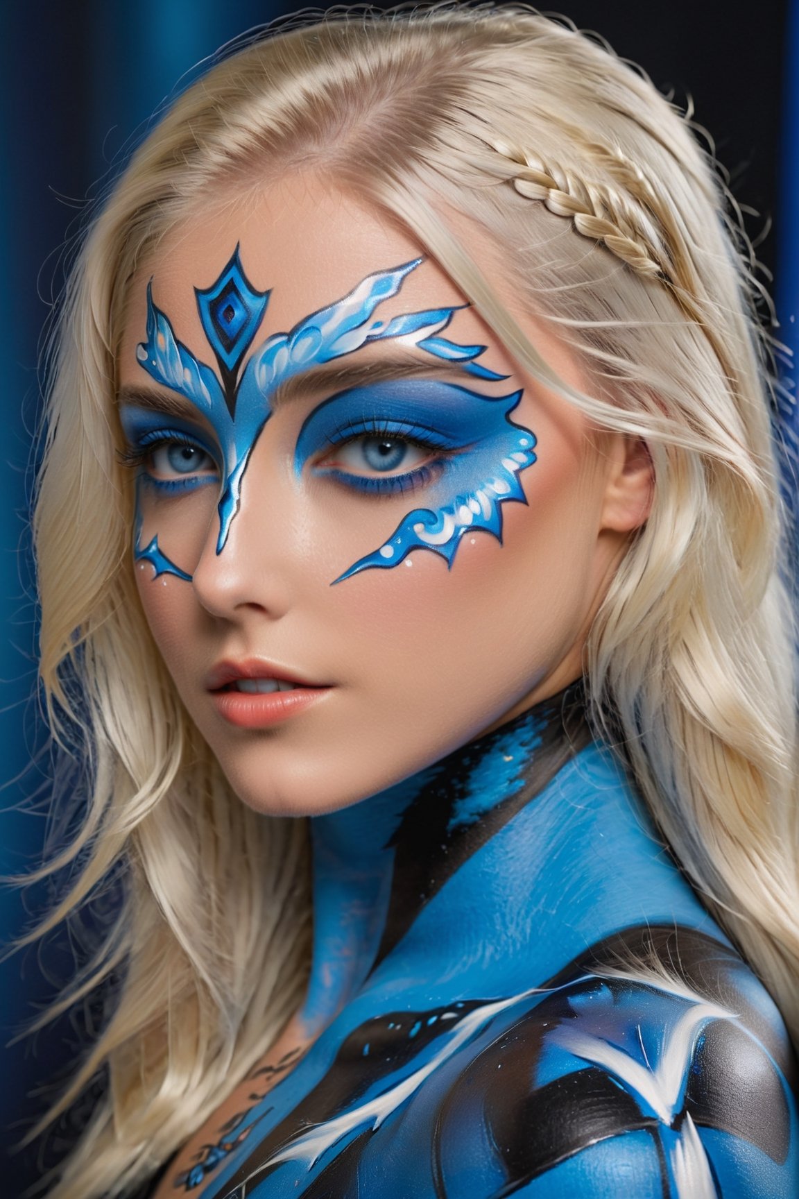 platinum_blonde_hair, bright blue eyes,uniformsbodypaint