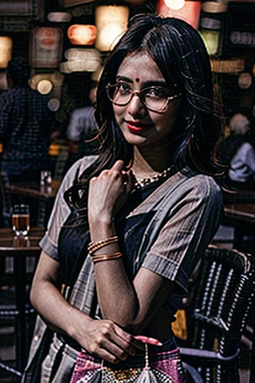 1 girl Indian beauty very bright backlighting solo beautiful and gray saree  glasses, hand bag Indian girls beautiful prati night pub
,<lora:659111690174031528:1.0>,<lora:659111690174031528:1.0>