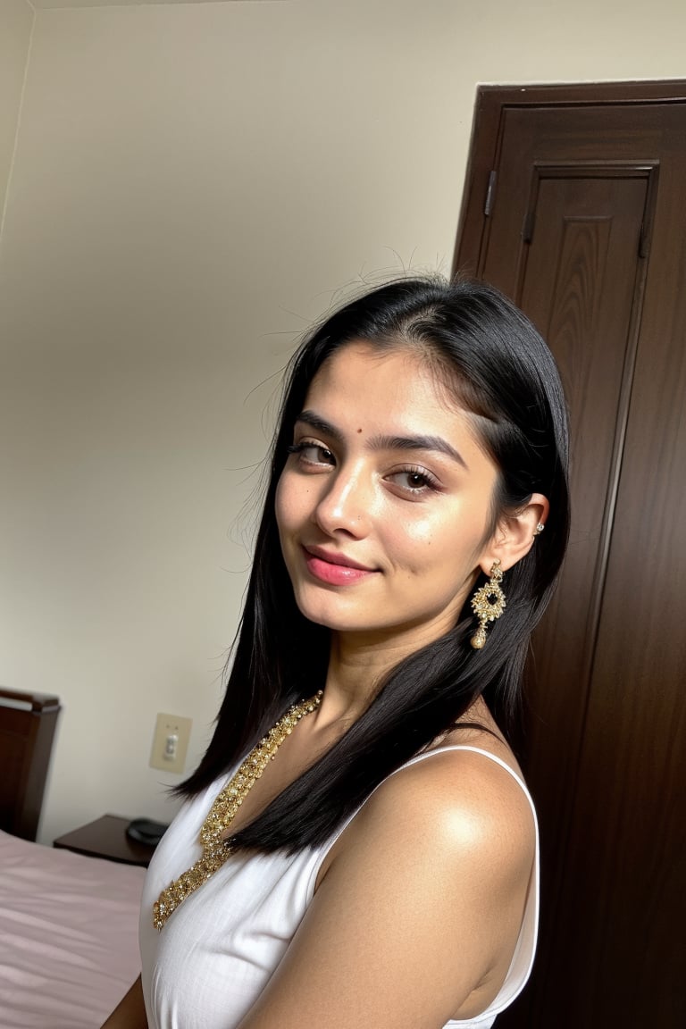 lovely cute young attractive indian girl, blue eyes, gorgeous actress, 13 years old, cute, an Instagram model, long hair, black hair, Indian, weaaring indian dress, ear rings,looking hot,sitting on her bed,Realism lovely cute young attractive indian girl, blue eyes, gorgeous actress, 13 years old, cute, an Instagram model, long hair, black hair, Indian, wearing blouse, ear rings,looking hot, sitting on the bed, taking a selfie from the front view ,Realism smiling from the front view of her face and taking
,AanyaaSanaya