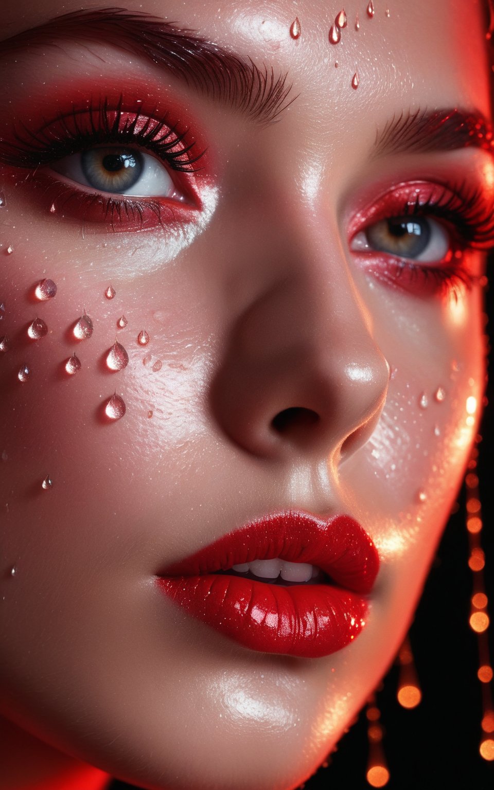 (digital art, ultra-realistic, high detail, high resolution, photorealistic) close-up of a woman's face with eyes closed, illuminated by a deep red light. The face is covered with droplets of water, creating an abstract geometric pattern. The background is a black-glittered texture, enhancing the sparkle and reflection of the droplets. The woman's eyelashes and lips are accentuated, with the red light adding a shimmering effect. The overall atmosphere is dark, mysterious, and vibrant, with a focus on the contrast between the red and black elements, giving a surreal and captivating visual experience.