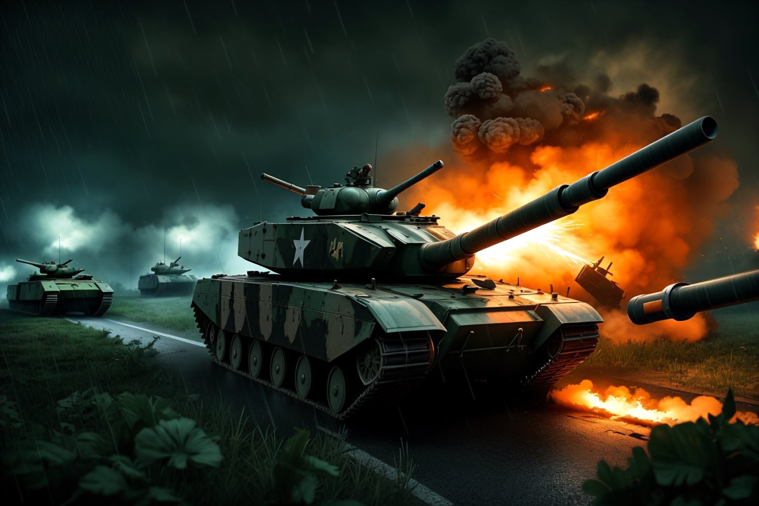 good quality image, beautiful image, realistic image, masterpiece, beautiful colors, latest generation image, best image quality, full hd, 8k unit, beautiful image, ultra realistic image, war tank, battlefield, explosion , destruction, opening fire, black sky, heavy rain, fog,
,tank,DonMG414 