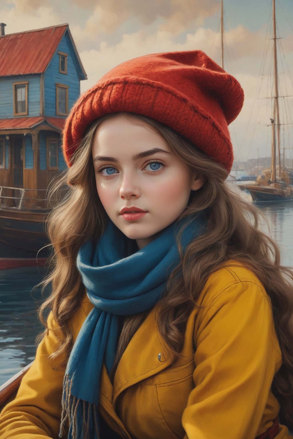 (best quality), (UHQ, 8k, high resolution), (masterpiece), (unsurpassed image quality), a beautiful girl with eastern European features, serious face with a beautiful and cute face, blue eyes, bright eyes , shiny skin, long natural hair, wearing a yellow wool scarf with a red wool hat, a brown jacket, sitting on a sailboat approaching a port with different colored houses, cowboy style photo
, in the style of esao andrews