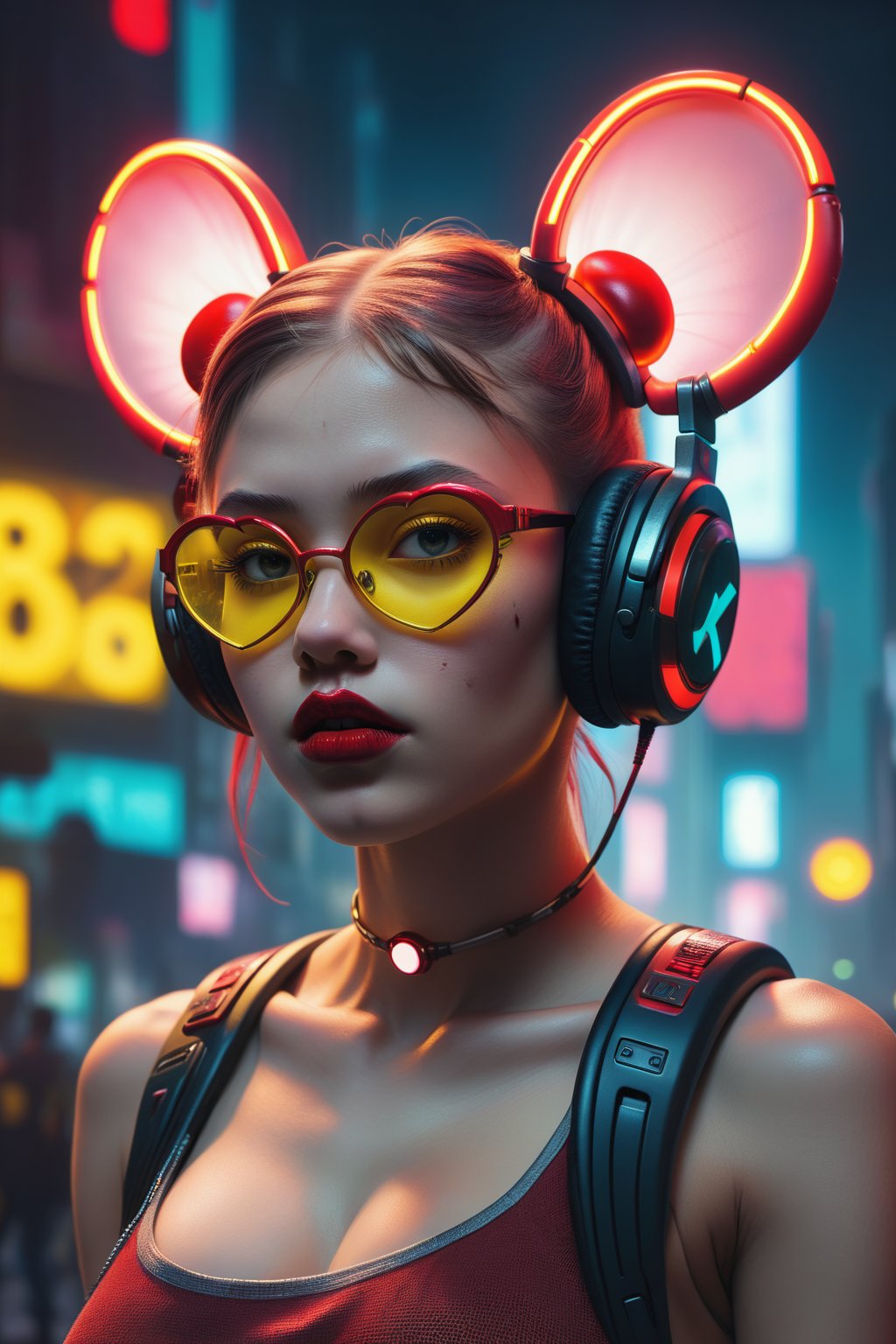 creates a hyper-realistic image of a girl from the front with a perfect cyberpunk style, (8K, raw photo, maximum quality, masterpiece: 1.2), ((upper body)), (normal face), (closed mouth), (deep red lips), (two short pigtails), (with red wireless headphones), (yellow heart-shaped glasses), with worn clothes, ((dynamic pose)), futuristic city with many neon lights, in the middle of a big night, ((next to an old hip hop radio)),
, in the style of esao andrews