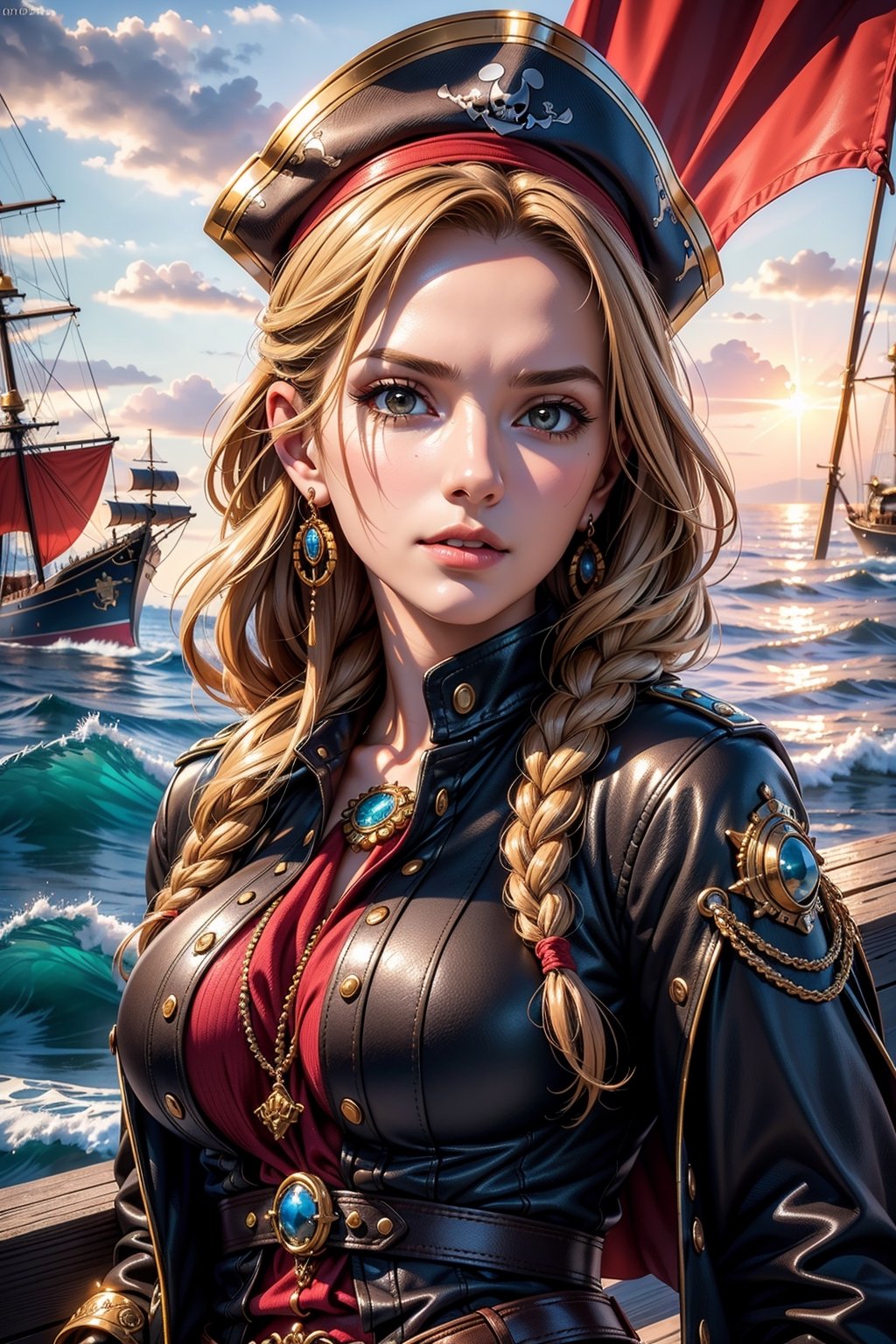 (photorealistic: 1.4), 8k, (masterpiece), best quality, highest quality, (detailed face: 1.5), original, high resolution, incomparable masterpiece, 8k ultra realistic, perfect artwork,1girl,standing, alone, long hair, blonde hair, braided hair, brown eyes, ((gloves, headband, coat, open clothing, collar, epaulettes, neckline, jewelry, earrings, abdomen, belt, pants), (medium breasts: 1.3),( symmetrical breasts), thick thighs, wide hips, (pirate ship), ocean, sexypirate,
