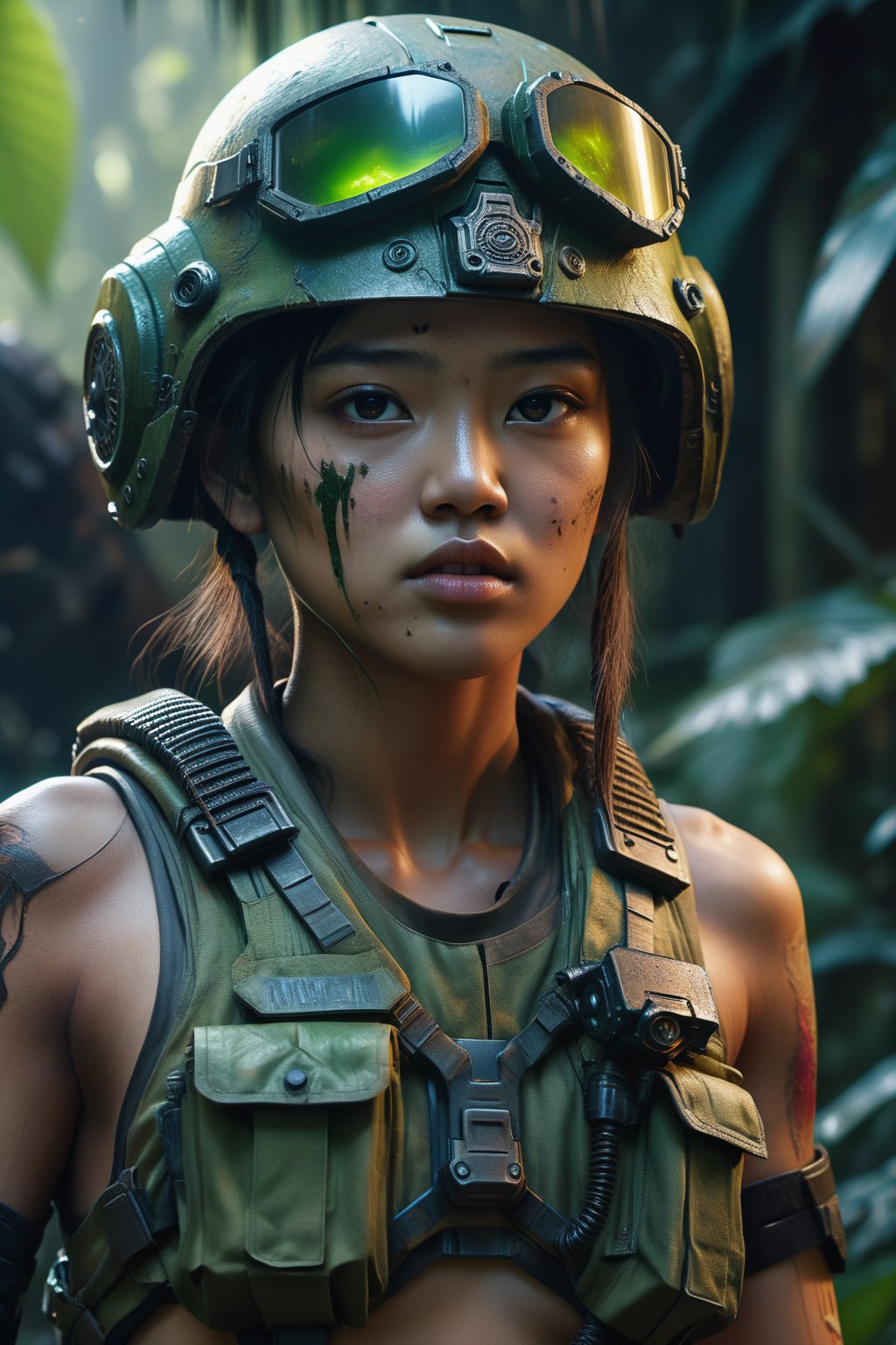 creates a hyper-realistic image of a girl from the front with a perfect cyberpunk style, (8K, raw photo, maximum quality, masterpiece: 1.2), ((upper body)), a girl with Asian features wearing a military badge walking through a dense jungle full of danger and destruction, his face is painted with combat paint, (combat helmet equipped with night vision goggles that allows him to move through that dangerous terrain),
, in the style of esao andrews