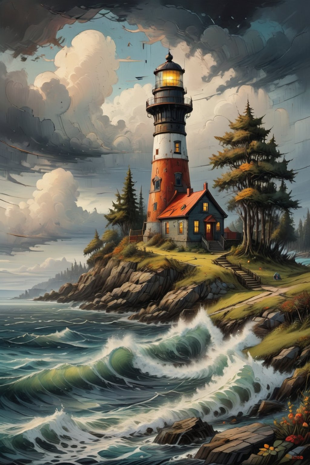 (best quality), (UHQ, 8k, high resolution), (masterpiece), (ultra detailed), (unbeatable image quality),creates a beautiful view of a lighthouse in the middle of an island with many colors with trees and lots of vegetation surrounding it. a stormy day and the sea raging in a terrible storm
, in the style of esao andrews