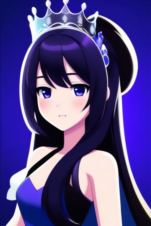 front shot image of a princess with long black hair, attired in a dark purple short dress with a hint of cobalt blue. Her face is spotless and bright, radiating beauty, wearing a crown,3D MODEL