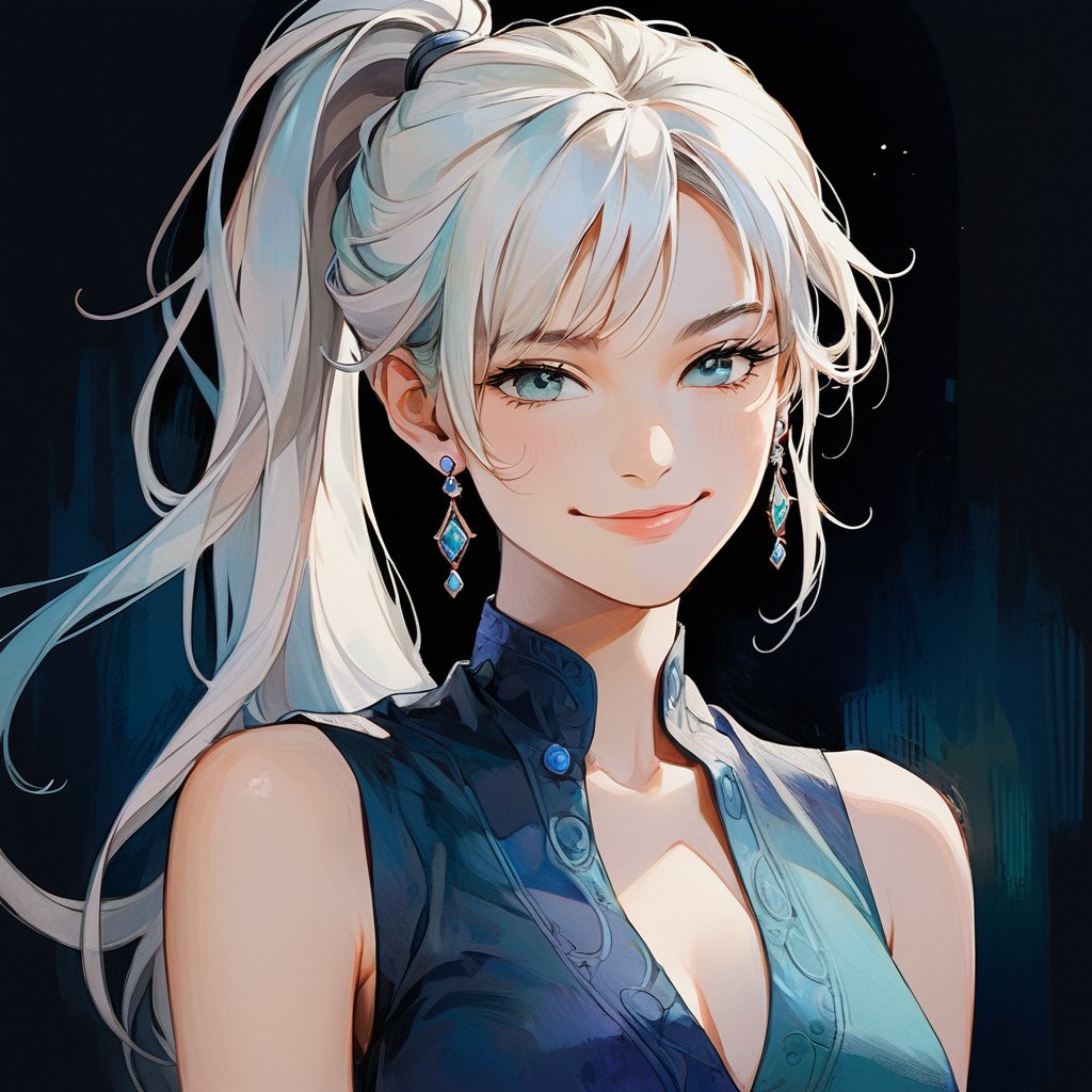 (masterpiece, high quality, 8K, high_res), let's create an abstract picture of a beautiful woman with very long white HAIR in a ponytail with bangs, grey eyes, of a breathtakingly beautiful that conveys a sense of trickery and mischievousness, elegant black sleeveless shirt, slight smiling face, smug smile, closed mouth, impish smile, medieval, goddess, pastel colors, rough strokes, intricate composition, a combination of realism and post-modernism, portrait art, artint, dynamic pose, simple background in cool colors, small white earrings,