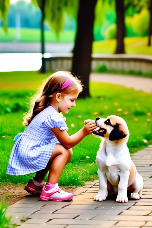 GENERATE  TWO LITTLE GIRLS PLAYING WITH PUPPY IN THE PARK NEAR THE RIVER