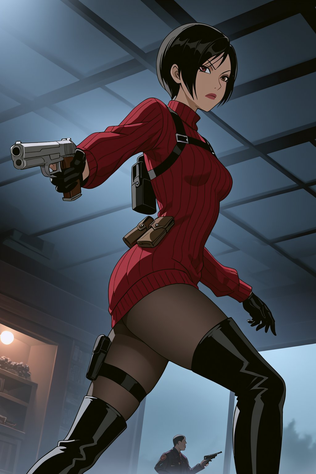 score_9,score_8_up,score_7_up,source_resident_evil_4,ada wong,solo, (burgundy_sweater,thigh boots,black pantyhose,holster,harness,black gloves,one handgun),serious,action shot,gunshot,dynamic_pose,action_pose,indoors,horror_themed,dark,night,fog,viewed_from_side,low-angle_shot,official anime screenshot,official anime screencap,source_anime,dcaustyle