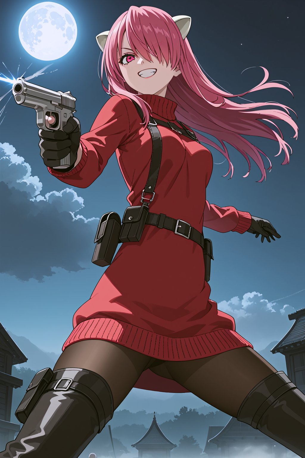 score_9,score_8_up,score_7_up,lucy,solo, long hair, pink hair, horns, pink eyes, hair over one eye,red sweater dress,thigh boots,black pantyhose,holster,harness,handgun,black gloves,sunglasses, aiming, grin,action shot,gunshot,dynamic_pose,action_pose,viewed_from_below,night,dark,fog,moon,official anime screenshot,official anime screencap,source_anime