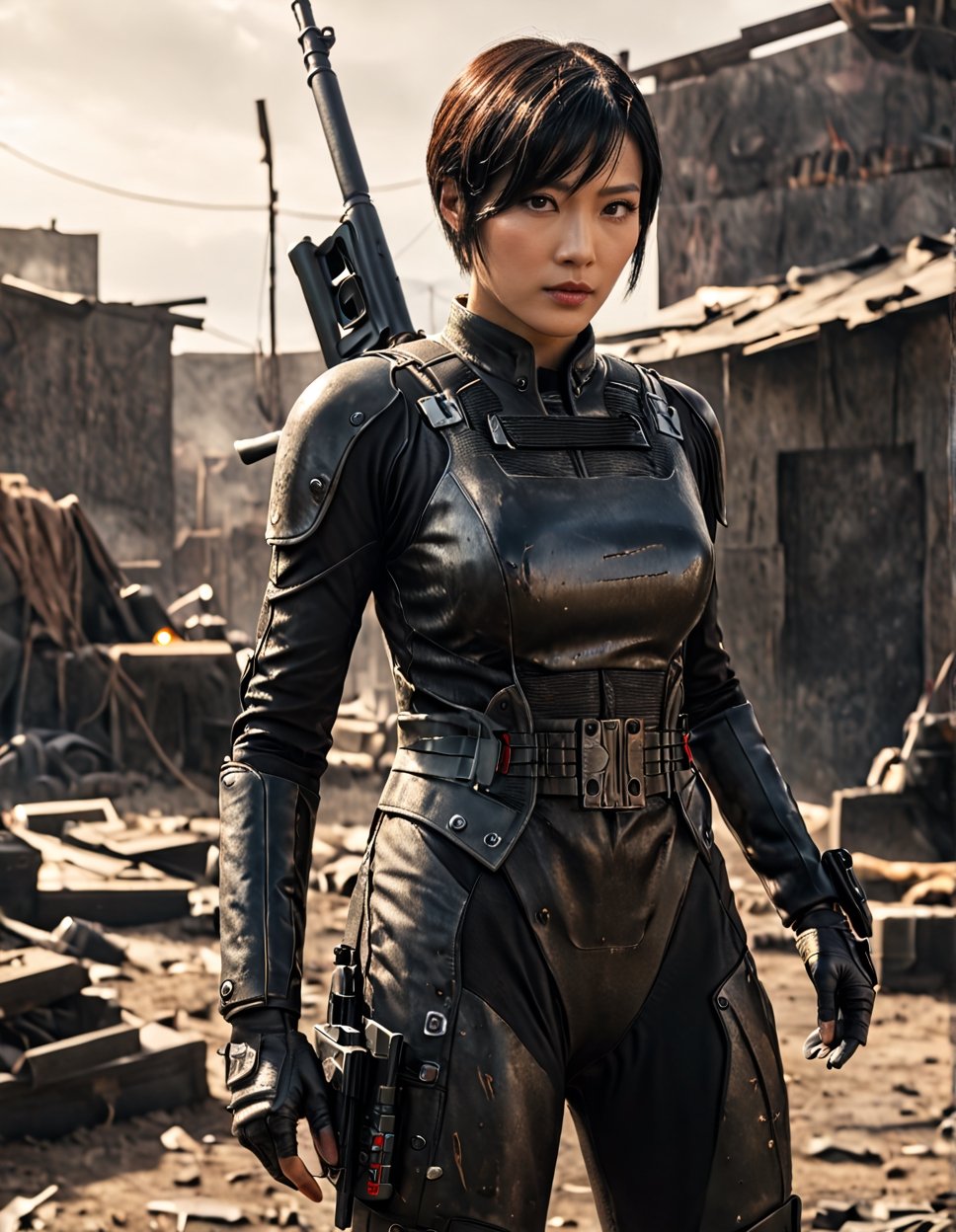 falloutcinematic, 24yo Ada Wong with BLACK asymmetrical blunt bobcut and (black eyeshadow), wearing (chinese stealth suit))), skillfully handling a rifle. The scene unfolds in a postapocalyptic wasteland, captured in a gritty, action-packed battle sequence. She is modeled with volumetric lighting, enhancing the drama of the scene. Render this image in 8K Extremely Realistic, focusing on achieving an extremely hyper-detailed and intricate composition that feels like an epic. The cinematic lighting should be emphasized to create a masterpiece effect. Ensure the image is in 8K resolution, Her face should be prominently framed, conveying intensity and focus. Choose an editorial medium body shot style of photography, maintaining an 8K RAW photo level quality, treated as a masterpiece. ensuring the render is extremely realistic and detailed, following the high standards of SDXL. Enhance the realism and detail of the hands (Perfect hands:1.2),M16 Rifle series,Extremely Realistic,fallout,chinese stealth suit