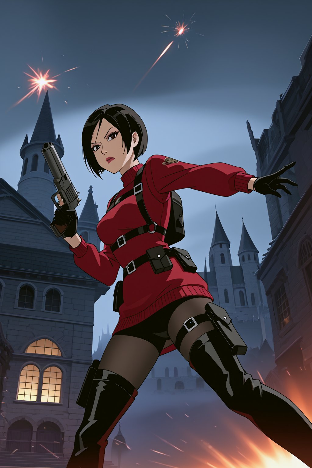 score_9,score_8_up,score_7_up,source_resident_evil_4,ada wong,solo, (burgundy_sweater,thigh boots,black pantyhose,holster,harness,black gloves,one handgun),serious,action shot,gunshot,dynamic_pose,action_pose,inside_castle,horror_themed,dark,night,fog,viewed_from_side,low-angle_shot,official anime screenshot,official anime screencap,source_anime,dcaustyle