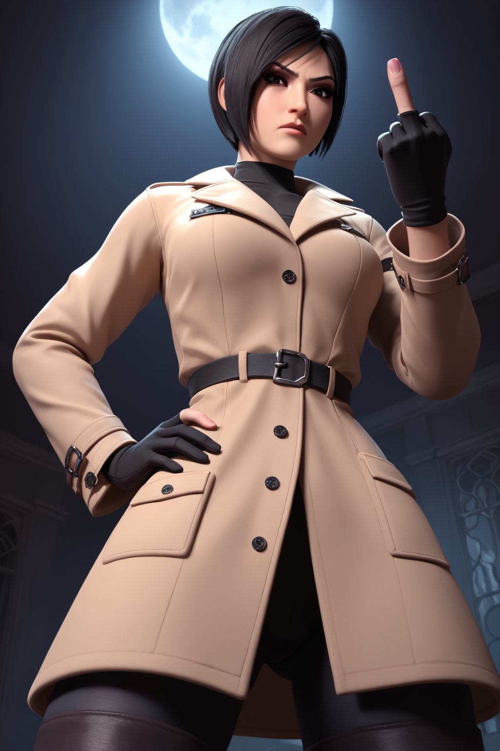 score_9, score_8_up, score_7_up, ada wong,solo, (brown trenchcoat,thigh boots,black pantyhose,black gloves),serious,shows middle finger,hand on hip,indoors,castle,horror_themed,dark,night,dark atmosphere,spooky,low-angle_shot