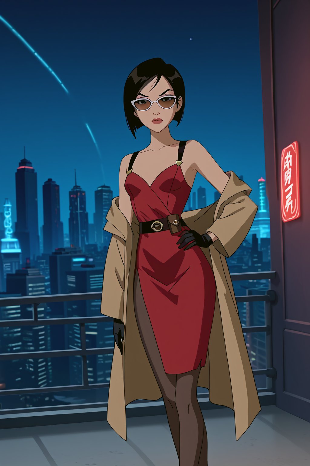 score_9,score_8_up,score_7_up,mulan as ada wong,solo, (brown trenchcoat,short shoulderfree red dress,black pantyhose,black gloves,sunglasses,holster),serious,shows middle finger,hand on hip,cyberpunk style,sci-fi,futuristic,night,neon lights,city,low-angle_shot,official anime screenshot,official anime screencap,source_anime,dcaustyle