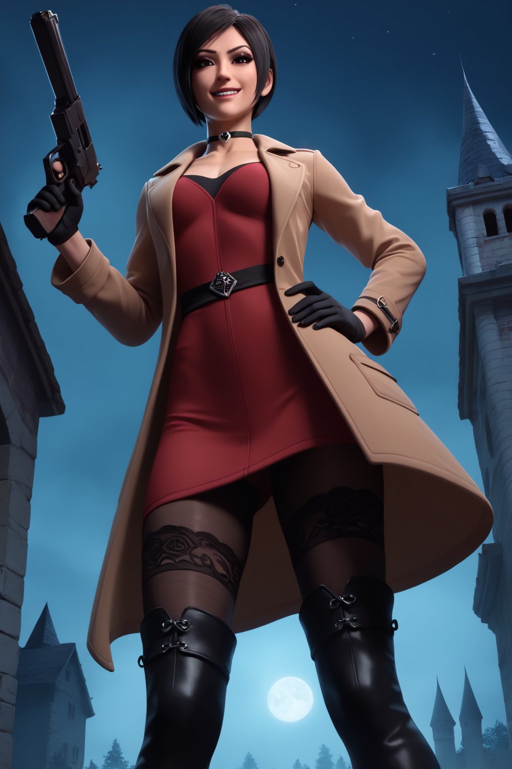 score_9, score_8_up, score_7_up, ada wong,solo, (brown trenchcoat,thigh boots,black pantyhose,black gloves,handgun),smug,hand on hip,castle,horror_themed,dark,night,dark atmosphere,spooky,low-angle_shot