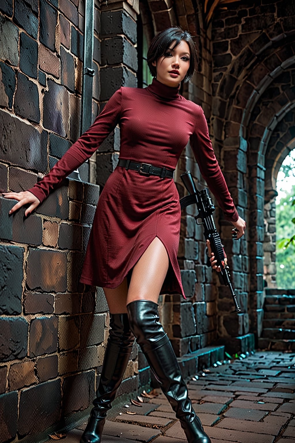 Beautiful 25yo Ada Wong with Asymmetrical Short Hair in the midst of an intense firefight, wearing her (burgundy turtleneck sweater dress), (((black nylon pantyhose))), ((long black leather thighhigh boots)), from 'ResidentEvil' Game, skillfully handling a rifle. The scene unfolds in a medieval castle, captured in a gritty, action-packed battle sequence. She is modeled with volumetric lighting, enhancing the drama of the scene. Render this image in 8K using Octane, focusing on achieving an extremely hyper-detailed and intricate composition that feels like an epic. The cinematic lighting should be emphasized to create a masterpiece effect. The scene should mirror a stunningly detailed matte painting, rich with deep, fantastical colors and a complementary color scheme, capturing the essence of fantasy concept art. Ensure the image is in 8K resolution, utilizing Unreal Engine 5 for an advanced render. Chiaroscuro and bioluminescent effects should be used to create dramatic contrasts, with volumetric light adding auras and rays in vivid colors. Her face should be prominently framed, conveying intensity and focus. Choose an editorial medium full body shot style of photography, maintaining an 8K RAW photo level quality, treated as a masterpiece. Incorporate twilight, natural, and beautifully dramatic lighting to create a trending piece on ArtStation and CGSociety. This dramatic lighting contributes to an immersive and intense atmosphere, while avoiding specific art styles like artgerm, Liang Xing, or WLOP to maintain originality. Keep the chiaroscuro subtle (chiaroscuro:0.2) for a realistic touch, ensuring the render is extremely realistic and detailed, following the high standards of SDXL. Enhance the realism and detail of the hands (Perfect hands:1.2), M16 Rifle series,Extremely Realistic,SDXL,realistic,style,character,woman,girl