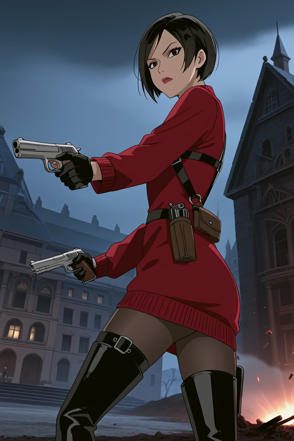 score_9,score_8_up,score_7_up,source_resident_evil_4,ada wong,solo, (burgundy_sweater,thigh boots,black pantyhose,holster,harness,black gloves,one handgun),serious,action shot,gunshot,dynamic_pose,action_pose,inside_castle,horror_themed,dark,night,fog,viewed_from_side,low-angle_shot,official anime screenshot,official anime screencap,source_anime,dcaustyle