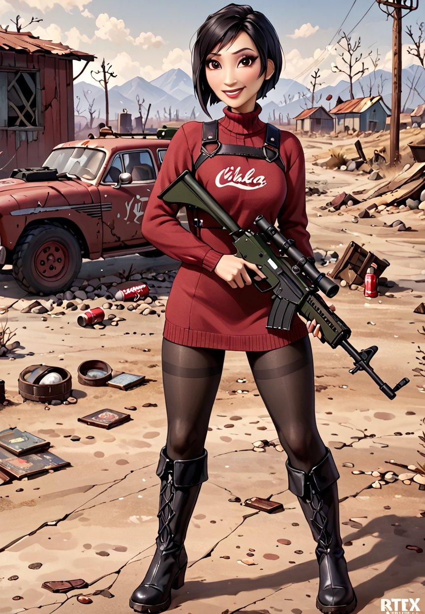 ((((Fallout_4_style)))), 24yo Ada Wong with BLACK asymmetrical blunt bobcut and (black eyeshadow), wearing (burgundy turtleneck sweater dress) with ((black_harness)), ((((black nylon pantyhose)))) under, (((long Black leather overknee thighhigh boots))), Holding ((Assault Rifle)), in apocalyptic ((wastecity)), Nuka_Cola_Bottle, smile, hypnosis gaze, haze, perfect composition, epic, rtx on, UHD, 32K, photorealistic, ((natural realistic skin tone and texture)). Fallout_4_logo,disney pixar style,fallout,score_9, score_8_up