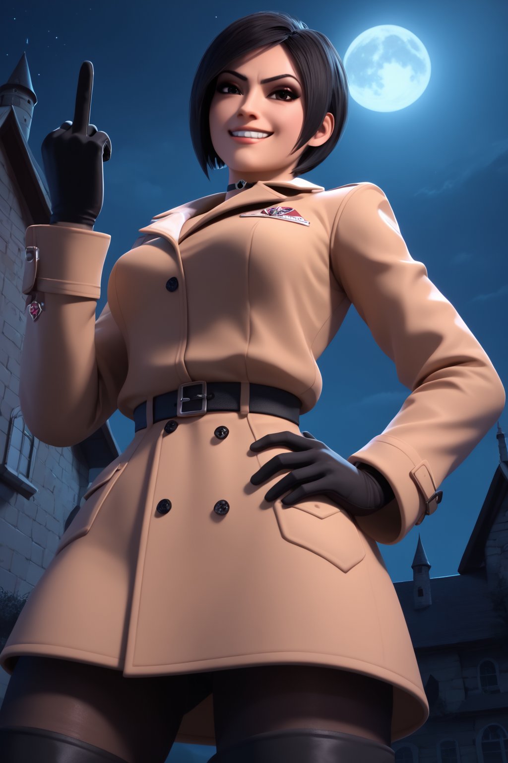 score_9, score_8_up, score_7_up, ada wong,solo, (brown trenchcoat,thigh boots,black pantyhose,black gloves),smug,shows middle finger,hand on hip,castle,horror_themed,dark,night,dark atmosphere,spooky,low-angle_shot