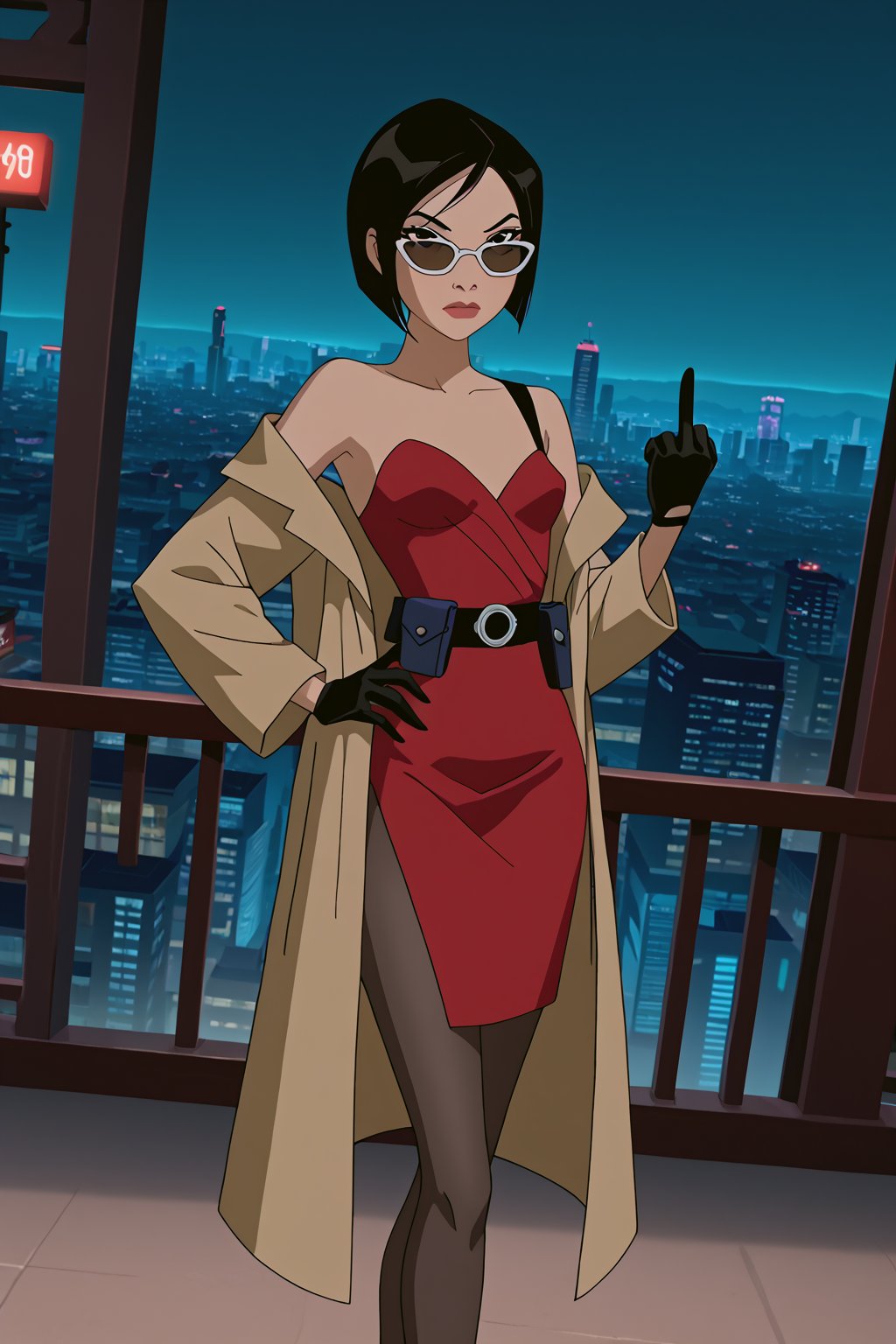 score_9,score_8_up,score_7_up,mulan as ada wong,solo, (brown trenchcoat,short shoulderfree red dress,black pantyhose,black gloves,sunglasses,holster),serious,shows middle finger,hand on hip,cyberpunk style,sci-fi,futuristic,night,neon lights,city,low-angle_shot,official anime screenshot,official anime screencap,source_anime,dcaustyle