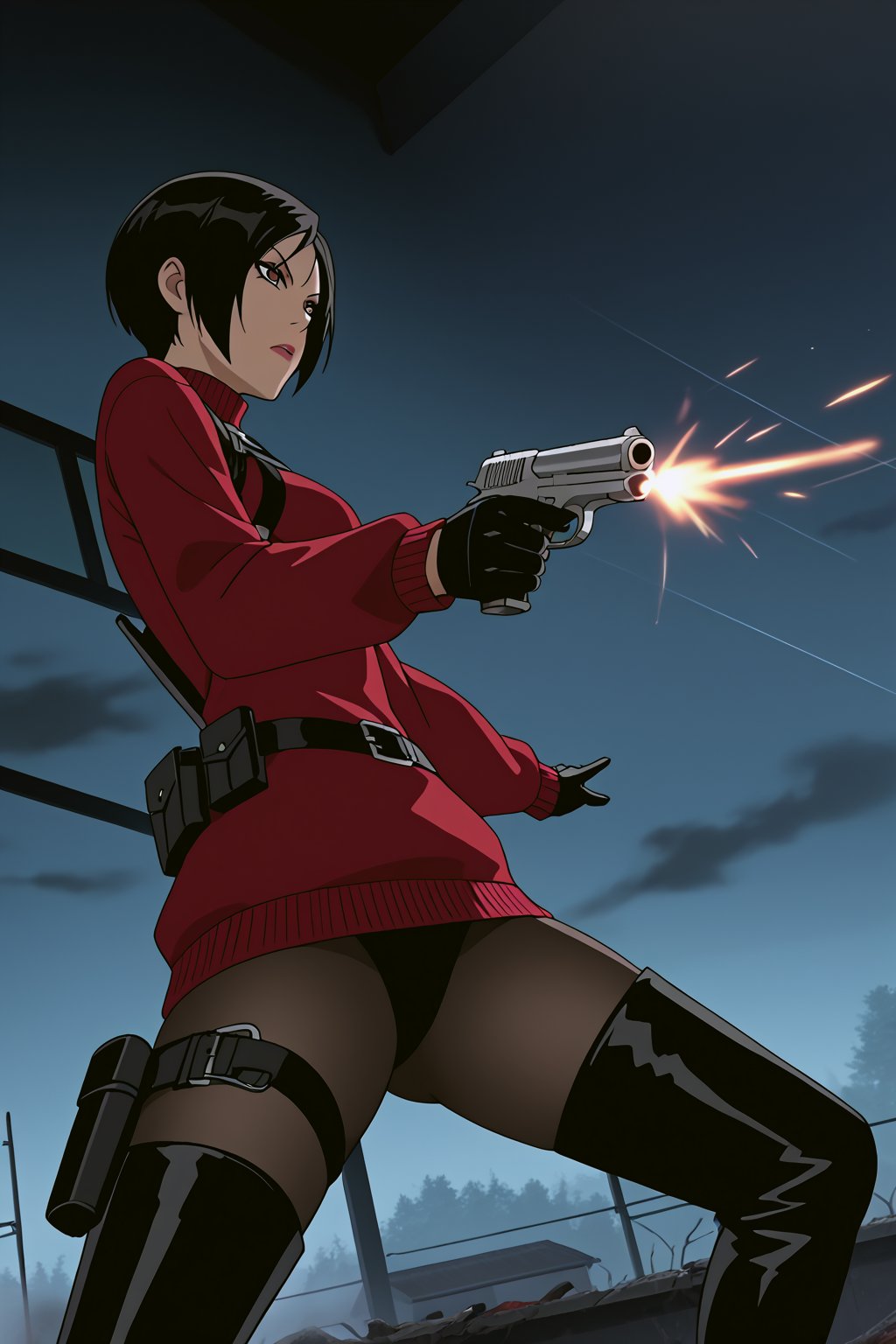 score_9,score_8_up,score_7_up,source_resident_evil_4,ada wong,solo, (burgundy_sweater,thigh boots,black pantyhose,holster,harness,black gloves,one handgun),serious,action shot,gunshot,dynamic_pose,action_pose,indoors,horror_themed,dark,night,fog,viewed_from_side,low-angle_shot,official anime screenshot,official anime screencap,source_anime,dcaustyle