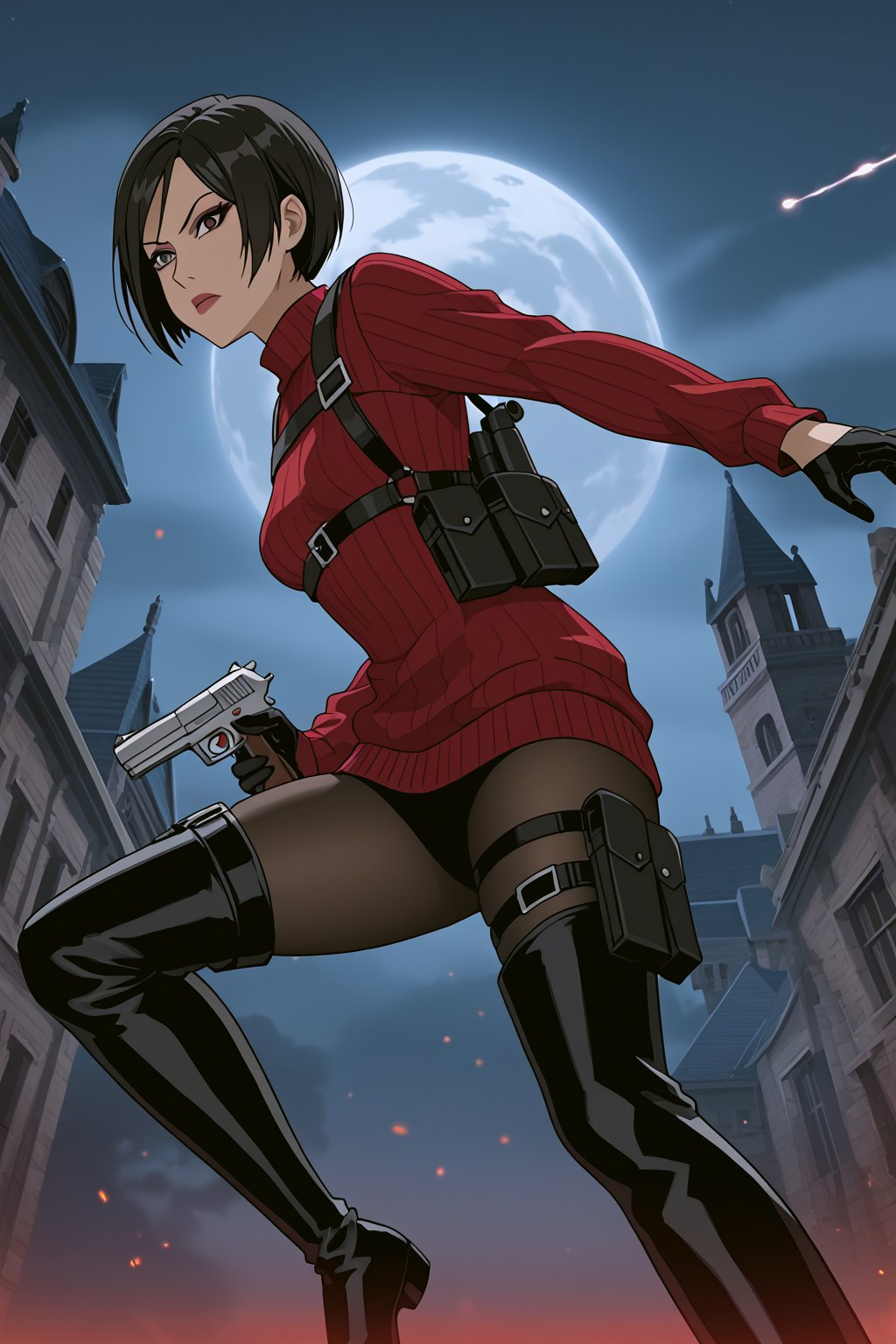 score_9,score_8_up,score_7_up,source_resident_evil_4,ada wong,solo, (burgundy_sweater,thigh boots,black pantyhose,holster,harness,black gloves,one handgun),serious,action shot,gunshot,dynamic_pose,action_pose,inside_castle,horror_themed,dark,night,fog,viewed_from_side,low-angle_shot,official anime screenshot,official anime screencap,source_anime,dcaustyle