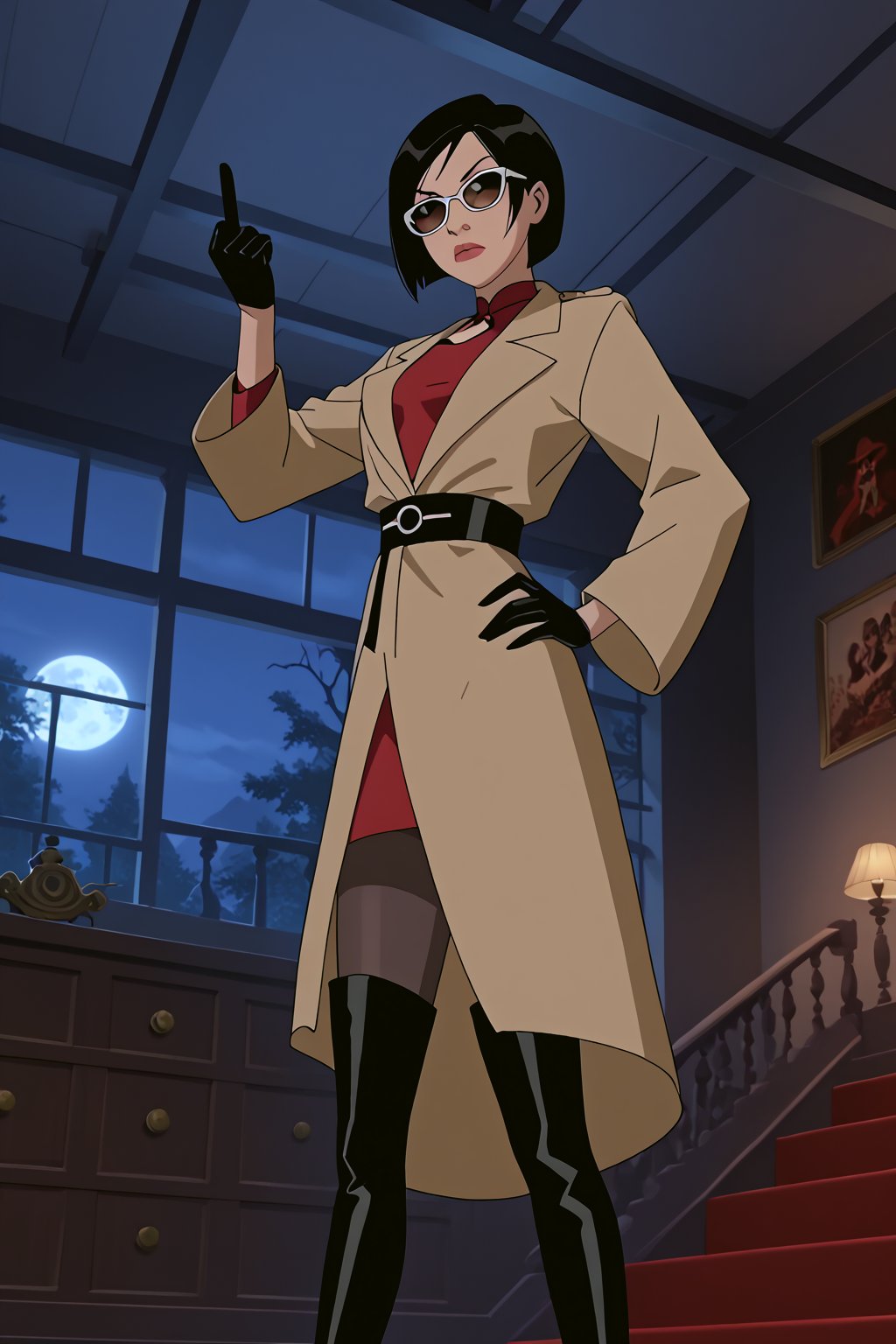 score_9,score_8_up,score_7_up,source_resident_evil_2,mulan as ada wong,solo, (brown trenchcoat,thigh boots,black pantyhose,black gloves,sunglasses),serious,shows middle finger,hand on hip,indoors,horror_themed,dark,night,dark atmosphere,spooky,low-angle_shot,official anime screenshot,official anime screencap,source_anime,dcaustyle