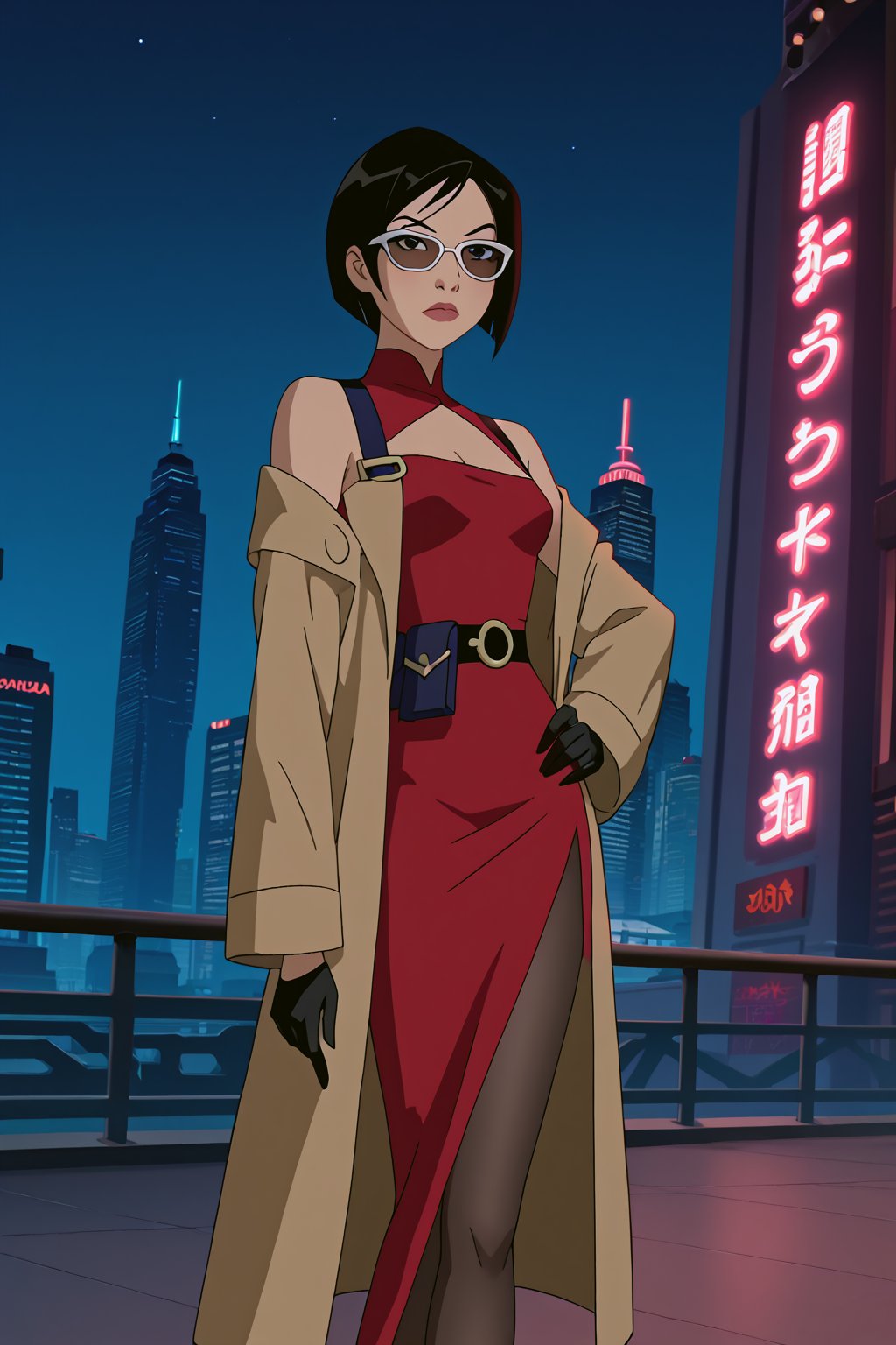 score_9,score_8_up,score_7_up,mulan as ada wong,solo, (brown trenchcoat,short shoulderfree red dress,black pantyhose,black gloves,sunglasses,holster),serious,shows middle finger,hand on hip,cyberpunk,sci-fi,futuristic,night,neon lights,city,low-angle_shot,official anime screenshot,official anime screencap,source_anime,dcaustyle