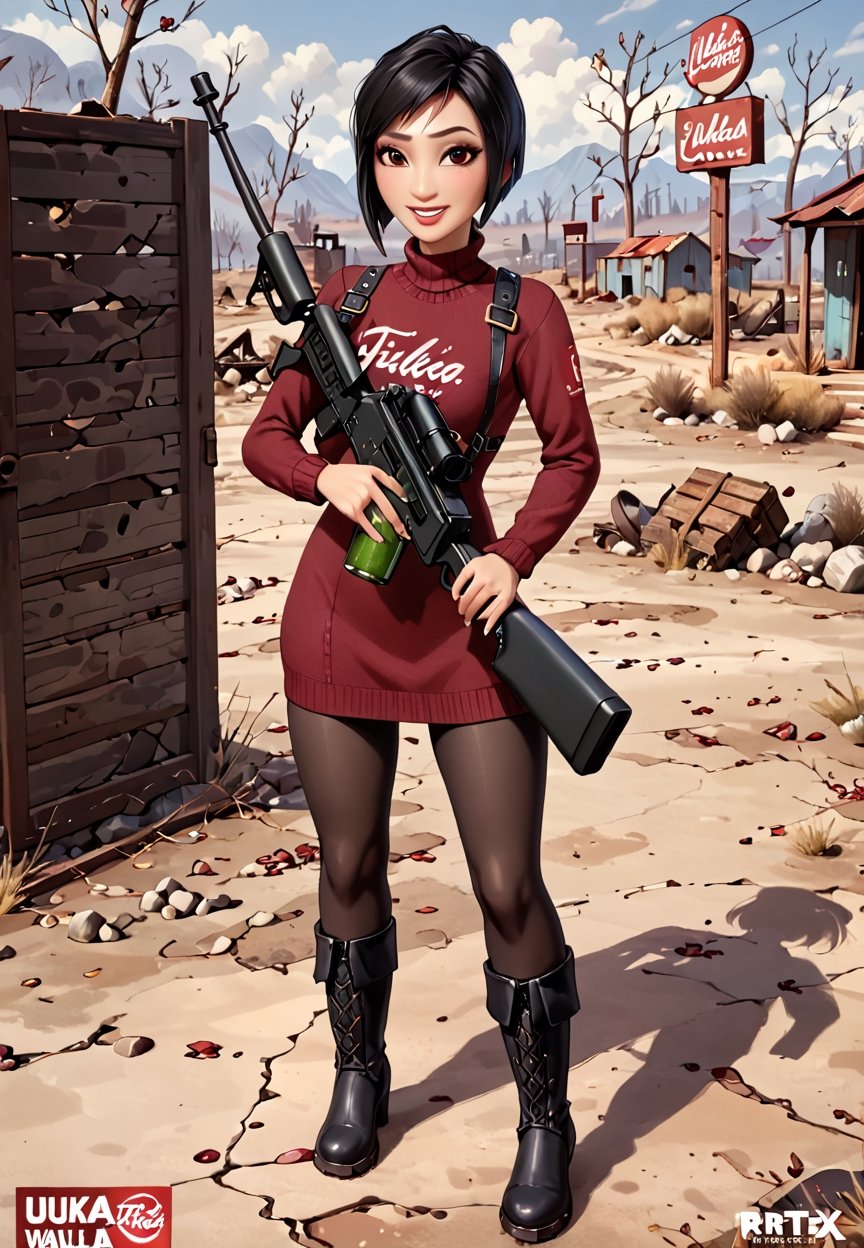 ((((Fallout_4_style)))), 24yo Ada Wong with BLACK asymmetrical blunt bobcut and (black eyeshadow), wearing (burgundy turtleneck sweater dress) with ((black_harness)), ((((black nylon pantyhose)))) under, (((long Black leather overknee thighhigh boots))), Holding ((Assault Rifle)), in apocalyptic ((wastecity)), Nuka_Cola_Bottle, smile, hypnosis gaze, haze, perfect composition, epic, rtx on, UHD, 32K, photorealistic, ((natural realistic skin tone and texture)). Fallout_4_logo,disney pixar style,fallout,score_9, score_8_up