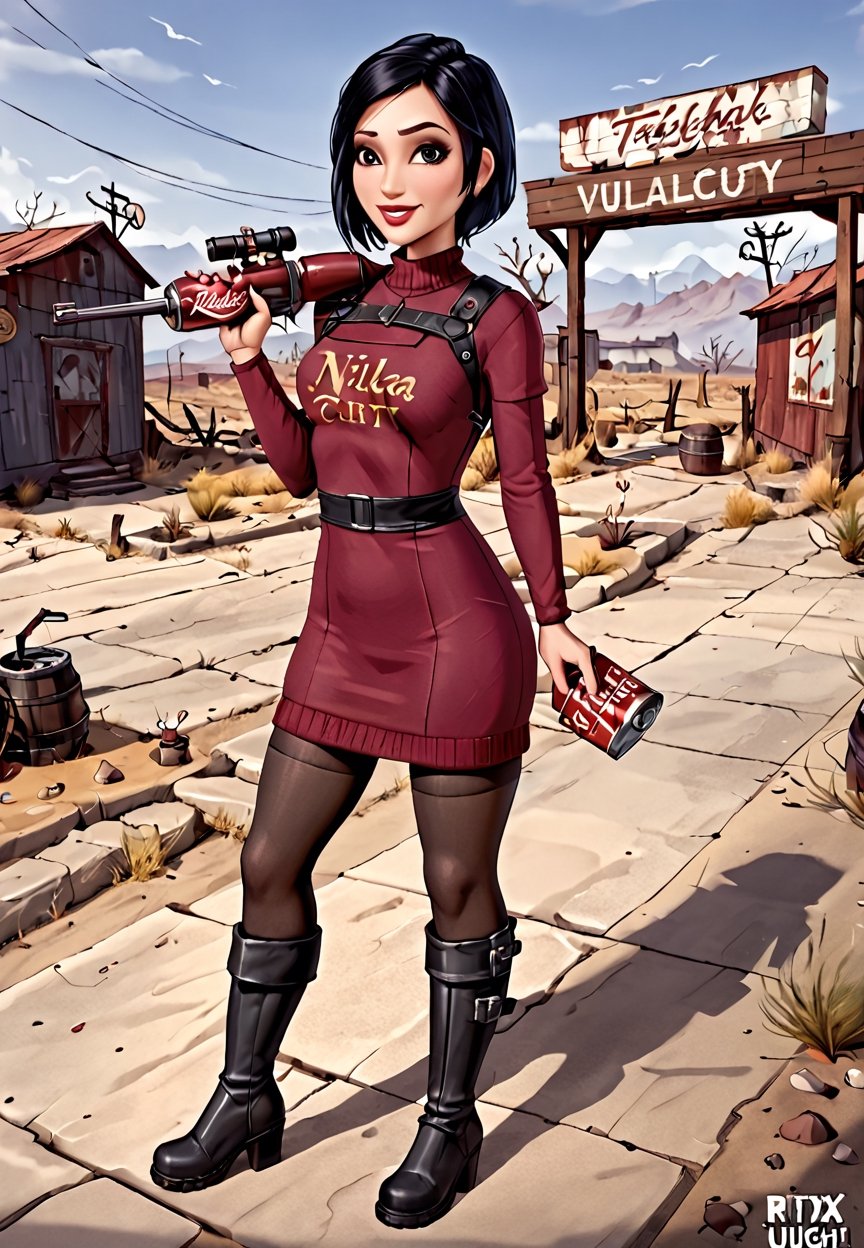 ((((Fallout_4_style)))), 24yo Ada Wong with BLACK asymmetrical blunt bobcut and (black eyeshadow), wearing (burgundy turtleneck sweater dress) with ((black_harness)), ((((black nylon pantyhose)))) under, (((long Black leather thighhigh boots))), Holding , Assault Rifle, in apocalyptic ((wastecity)), Nuka_Cola_Bottle, Vault Tec, smile, hypnosis gaze, haze, perfect composition, epic, rtx on, UHD, 32K, photorealistic, ((natural realistic skin tone and texture)). Fallout_4_logo,disney pixar style,fallout,score_9