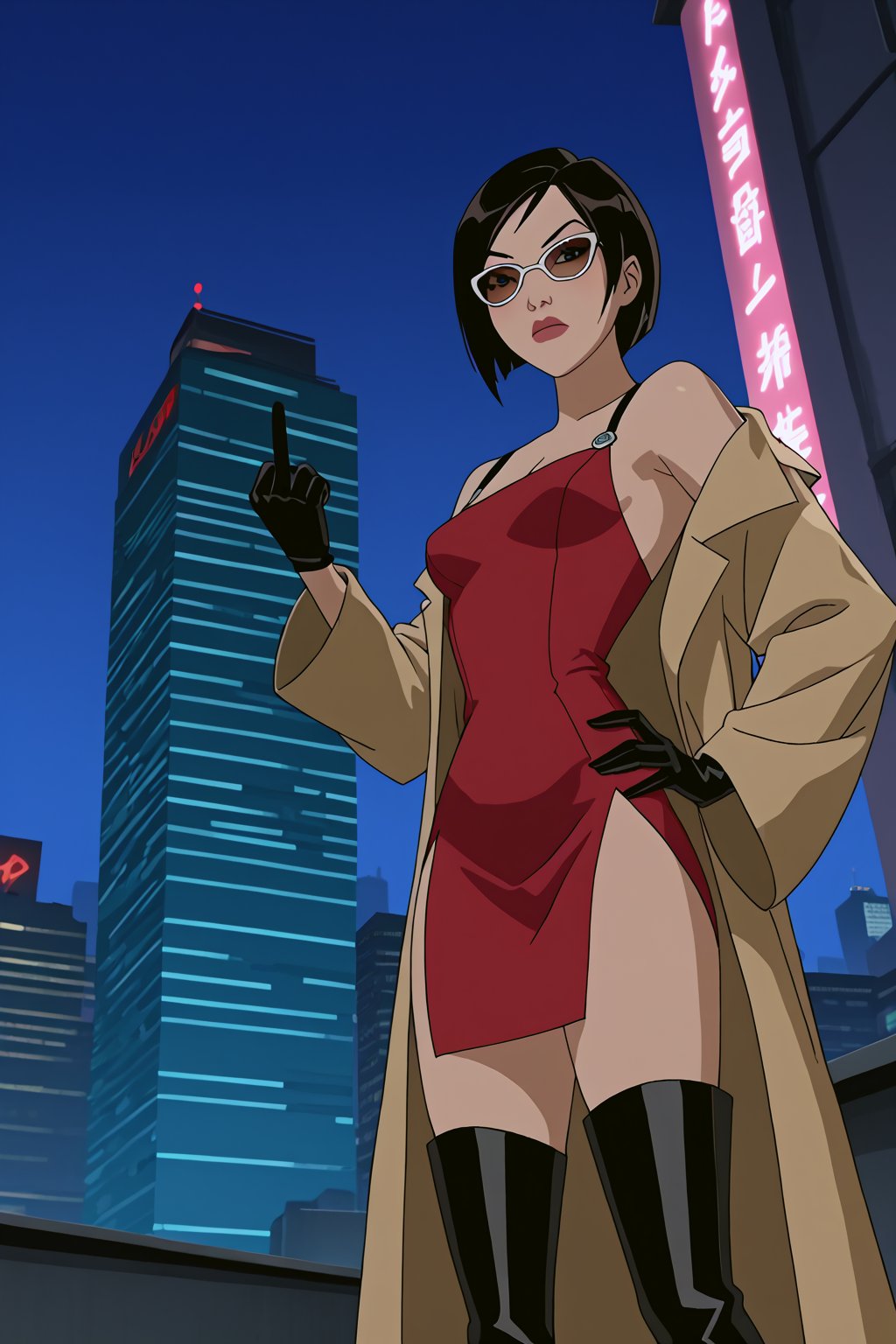 score_9,score_8_up,score_7_up,source_resident_evil_2,mulan as ada wong,solo, (brown trenchcoat,short shoulderfree red dress, thigh boots,black pantyhose,black gloves,sunglasses),serious,shows middle finger,hand on hip,cyberpunk,sci-fi,futuristic,night,neon lights,city,low-angle_shot,official anime screenshot,official anime screencap,source_anime,dcaustyle