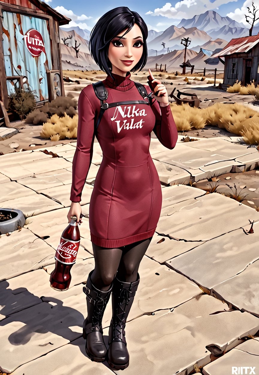 ((((Fallout_4_style)))), 24yo Ada Wong with BLACK asymmetrical blunt bobcut and (black eyeshadow), wearing (burgundy turtleneck sweater dress) with ((black_harness)), ((((black nylon pantyhose)))) under, (((long Black leather thighhigh boots))), Holding , Assault Rifle, in apocalyptic ((wastecity)), Nuka_Cola_Bottle, Vault Tec, smile, hypnosis gaze, haze, perfect composition, epic, rtx on, UHD, 32K, photorealistic, ((natural realistic skin tone and texture)). Fallout_4_logo,disney pixar style,fallout,score_9