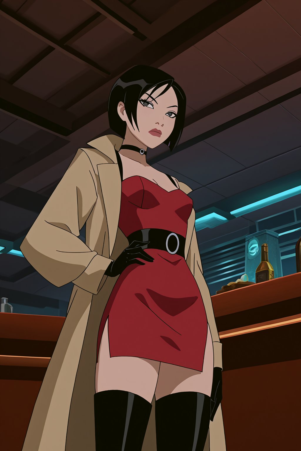 score_9,score_8_up,score_7_up,source_resident_evil_2,mulan as ada wong,solo, (brown trenchcoat,short shoulderfree red dress, thigh boots,black pantyhose,black gloves,sunglasses),serious,shows middle finger,hand on hip,indoors,cyberpunk,sci-fi,futuristic,night,dark,bar,low-angle_shot,official anime screenshot,official anime screencap,source_anime,dcaustyle