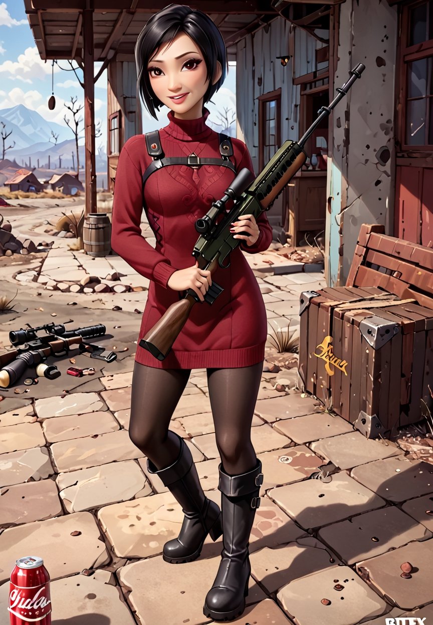 ((((Fallout_4_style)))), 24yo Ada Wong with BLACK asymmetrical blunt bobcut and (black eyeshadow), wearing (burgundy turtleneck sweater dress) with ((black_harness)), ((((black nylon pantyhose)))) under, (((long Black leather overknee thighhigh boots))), Holding ((Assault Rifle)), in apocalyptic ((wastecity)), Nuka_Cola_Bottle, smile, hypnosis gaze, haze, perfect composition, epic, rtx on, UHD, 32K, photorealistic, ((natural realistic skin tone and texture)). Fallout_4_logo,disney pixar style,fallout,score_9, score_8_up