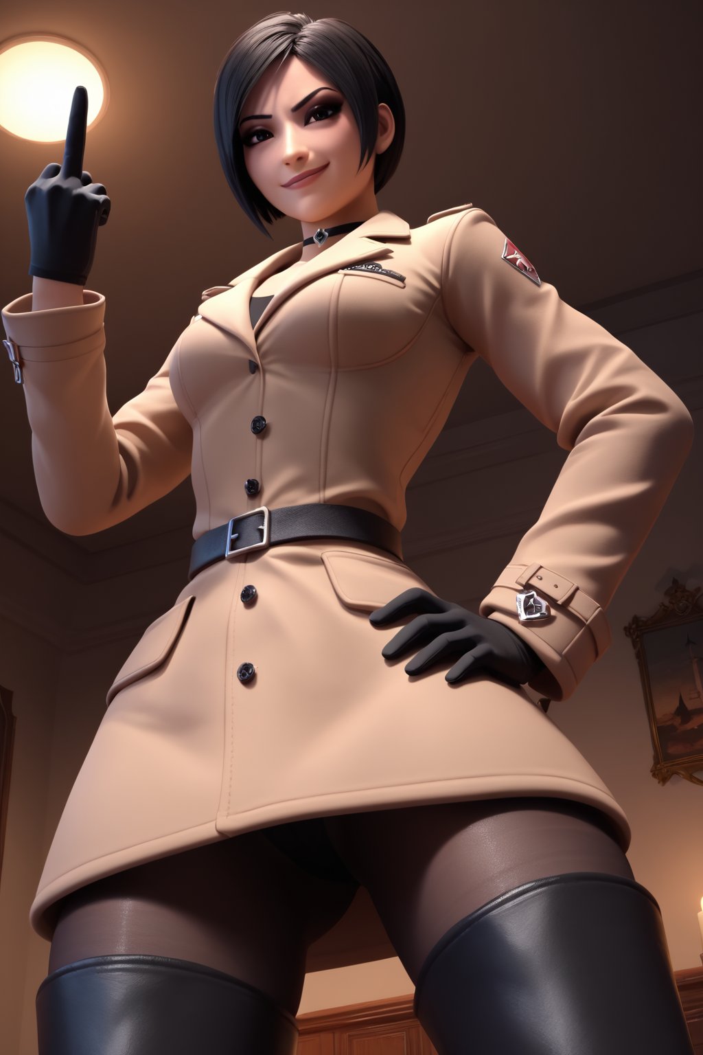 score_9, score_8_up, score_7_up, ada wong,solo, (brown trenchcoat,thigh boots,black pantyhose,black gloves),smug,shows middle finger,hand on hip,indoors,castle,horror_themed,dark,night,dark atmosphere,spooky,low-angle_shot