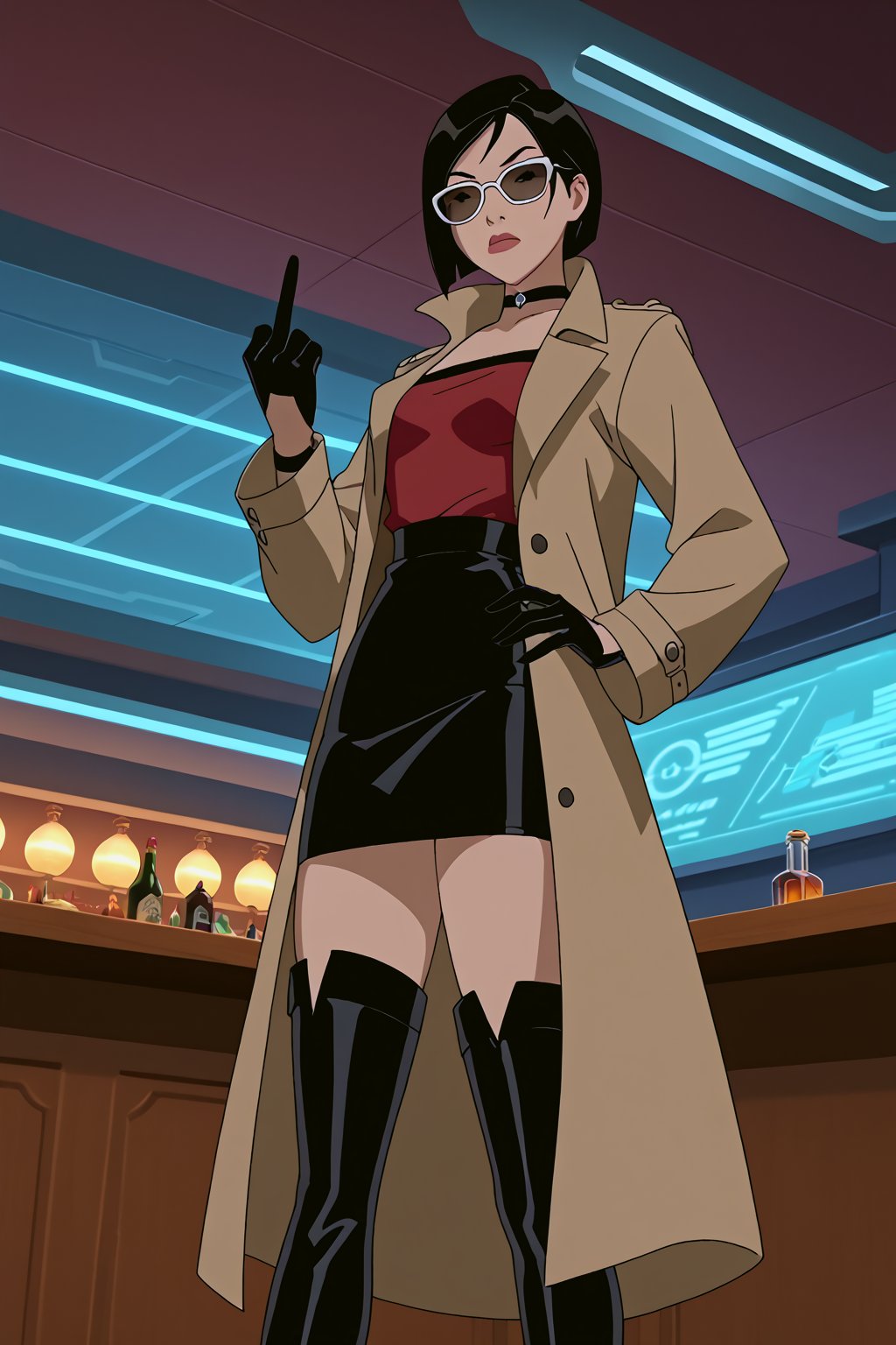 score_9,score_8_up,score_7_up,source_resident_evil_2,mulan as ada wong,solo, (brown trenchcoat,thigh boots,black pantyhose,black gloves,sunglasses),serious,shows middle finger,hand on hip,indoors,cyberpunk,sci-fi,futuristic,night,dark,bar,low-angle_shot,official anime screenshot,official anime screencap,source_anime,dcaustyle