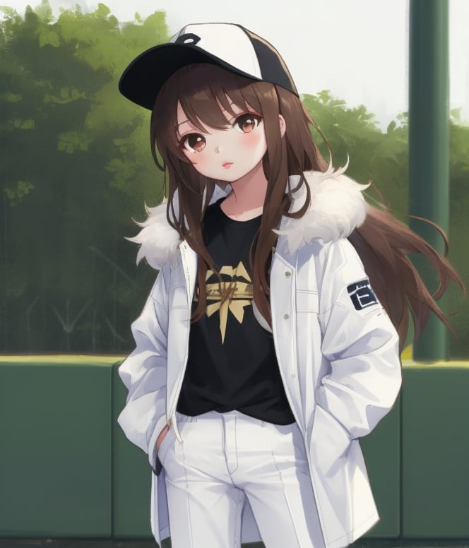 1girl, little girl, solo, long hair, brown hair, shirt, hat, white shirt, black pants, chibi, lips, coat, black headdress, sunglasses, baseball cap, hands in pockets