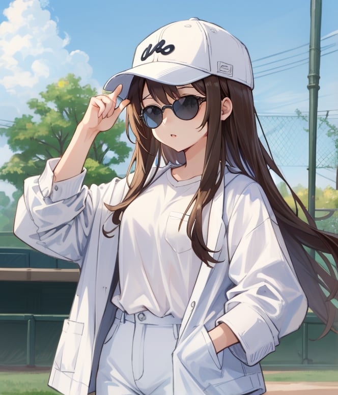 1girl, solo, long hair, brown hair, shirt, hat, white shirt, pants, chibi, lips, coat, black headwear, sunglasses, baseball cap, hand in pocket