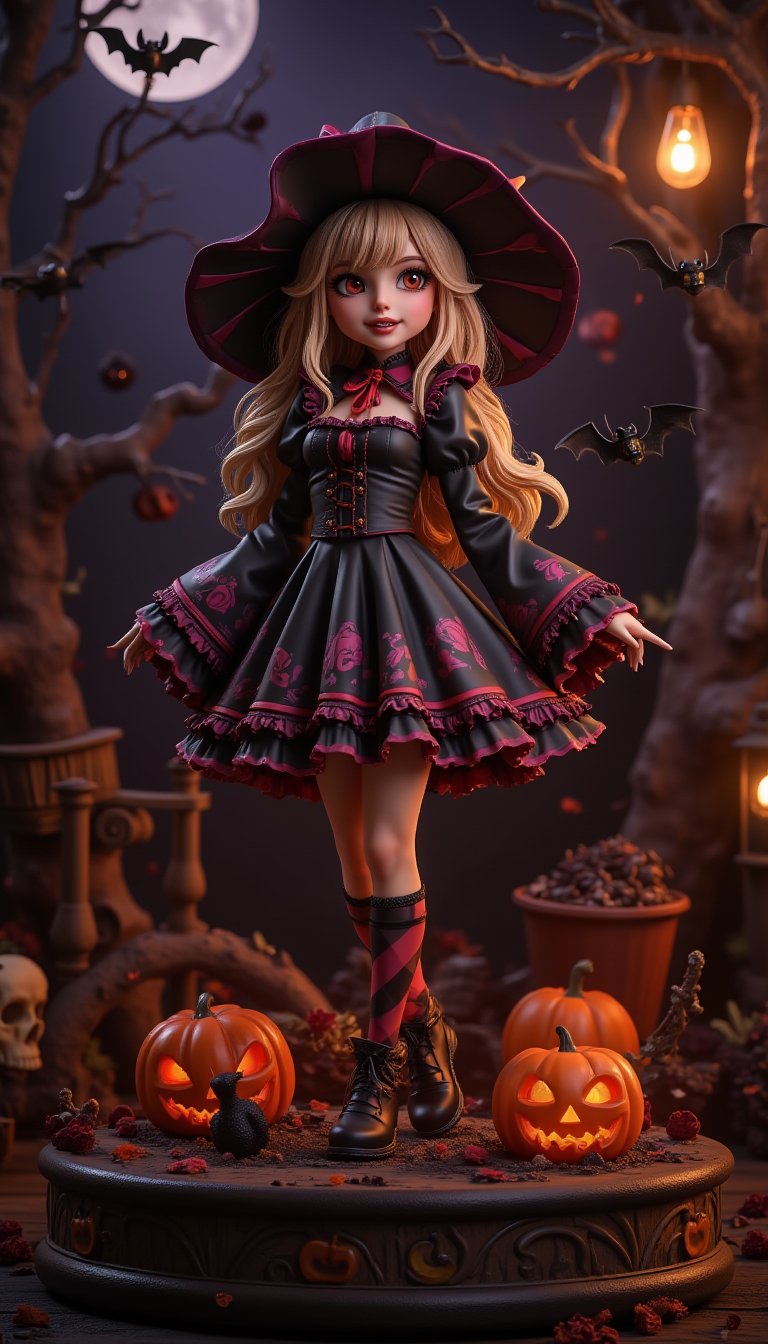 Seasonal figure diorama. It features Halloween-themed Wendy in a super-deformed style designed by YOKO TARO, a Halloween-themed background, and some scary lights., (Detailed Textures, high quality, high resolution, high Accuracy, realism, color correction, Proper lighting settings, harmonious composition, Behance works),VNS_Add more details,Resin