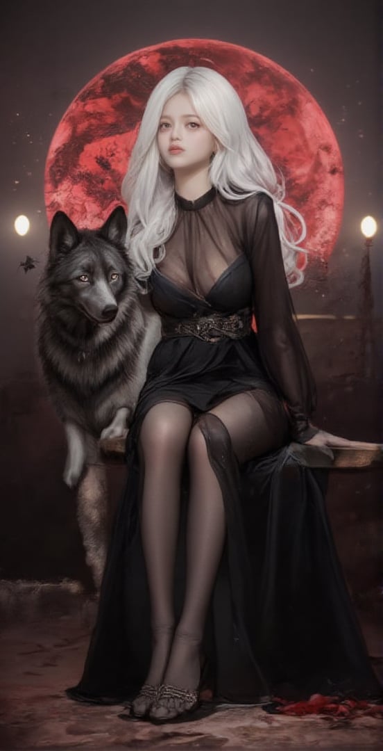 ink outline, fine detail rendered, color, horror style, 1girl, vampire princess, beautiful, adorable, cute, kawaii, sitting, She has a big wolf with her, she gently nudges the wolf, looking at viewer, white hair, very long hair, gorgeous black dress, stunningly crafted jewelry, bloody full moon, most fashionable, most stylish, dark background, detailed background, every detail is rendered in superb detail, perfect composition, masterpiece, best quality, 8k, ultra-detailed, very clear, perfect anatomy, anatomically correct hands, beautiful face, beautiful eyes, detailed eyes, beautiful hair, detailed hair, fantasy girl, Hand