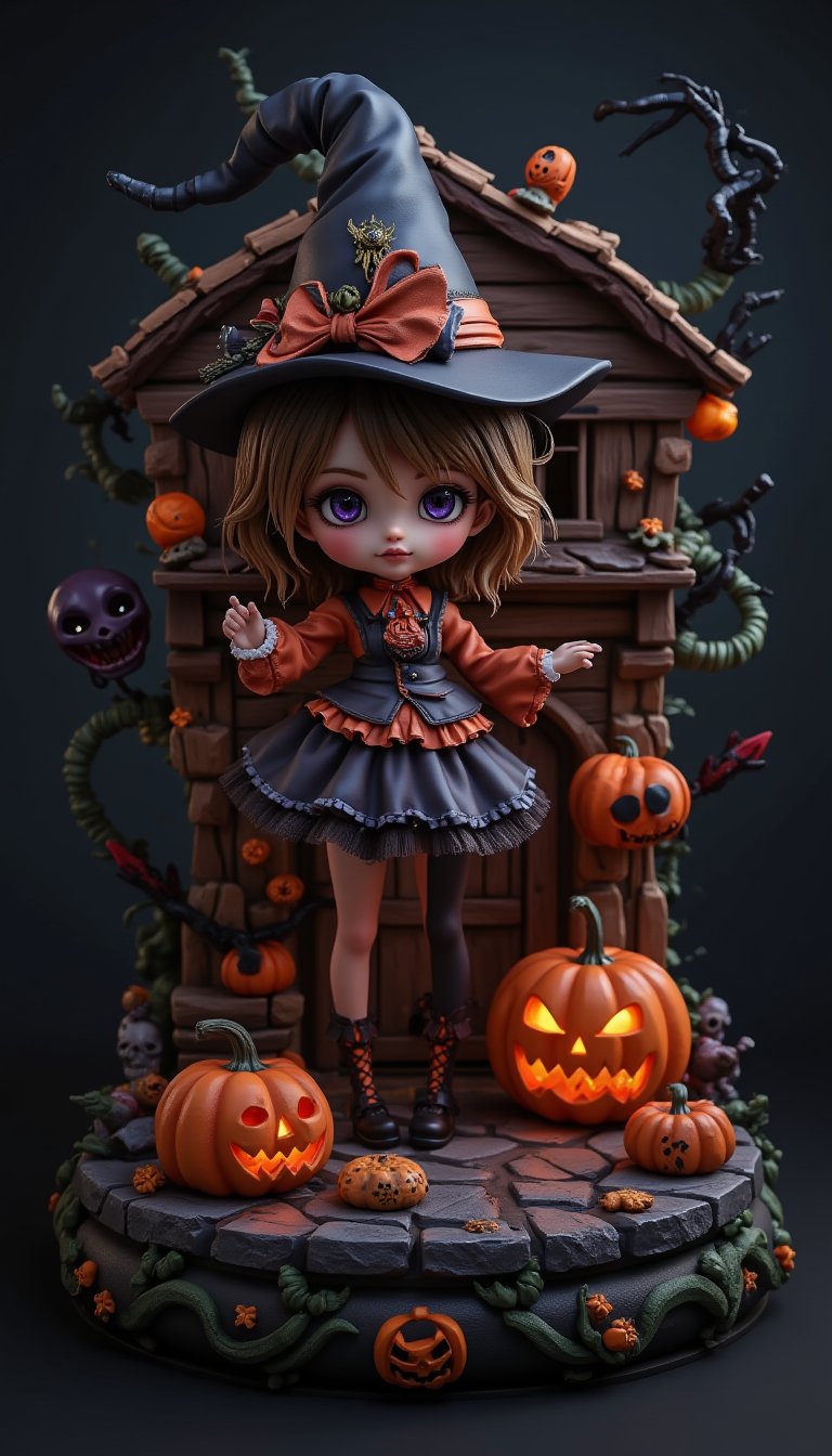 Seasonal figure diorama. It features Halloween-themed Wendy in a super-deformed style designed by YOKO TARO, a Halloween-themed background, and some scary lights., (Detailed Textures, high quality, high resolution, high Accuracy, realism, color correction, Proper lighting settings, harmonious composition, Behance works),VNS_Add more details,Resin