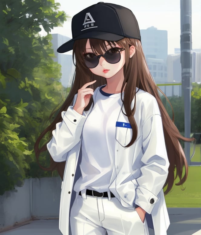 1girl, solo, long hair, brown hair, shirt, hat, white shirt, pants, chibi, lips, coat, black headwear, sunglasses, baseball cap, hand in pocket