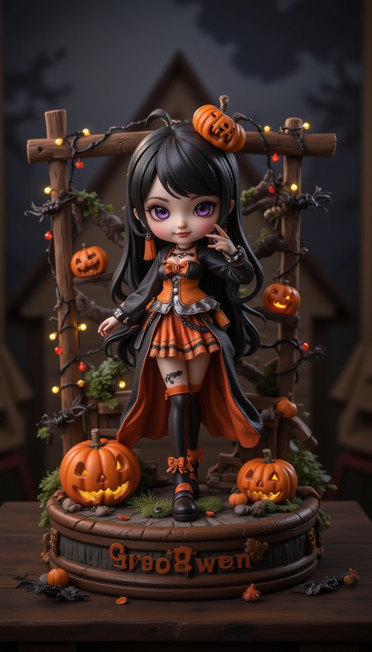 Seasonal figure diorama. It features Halloween-themed Wendy in a super-deformed style designed by YOKO TARO, a Halloween-themed background, and some scary lights., (Detailed Textures, high quality, high resolution, high Accuracy, realism, color correction, Proper lighting settings, harmonious composition, Behance works),VNS_Add more details,Resin