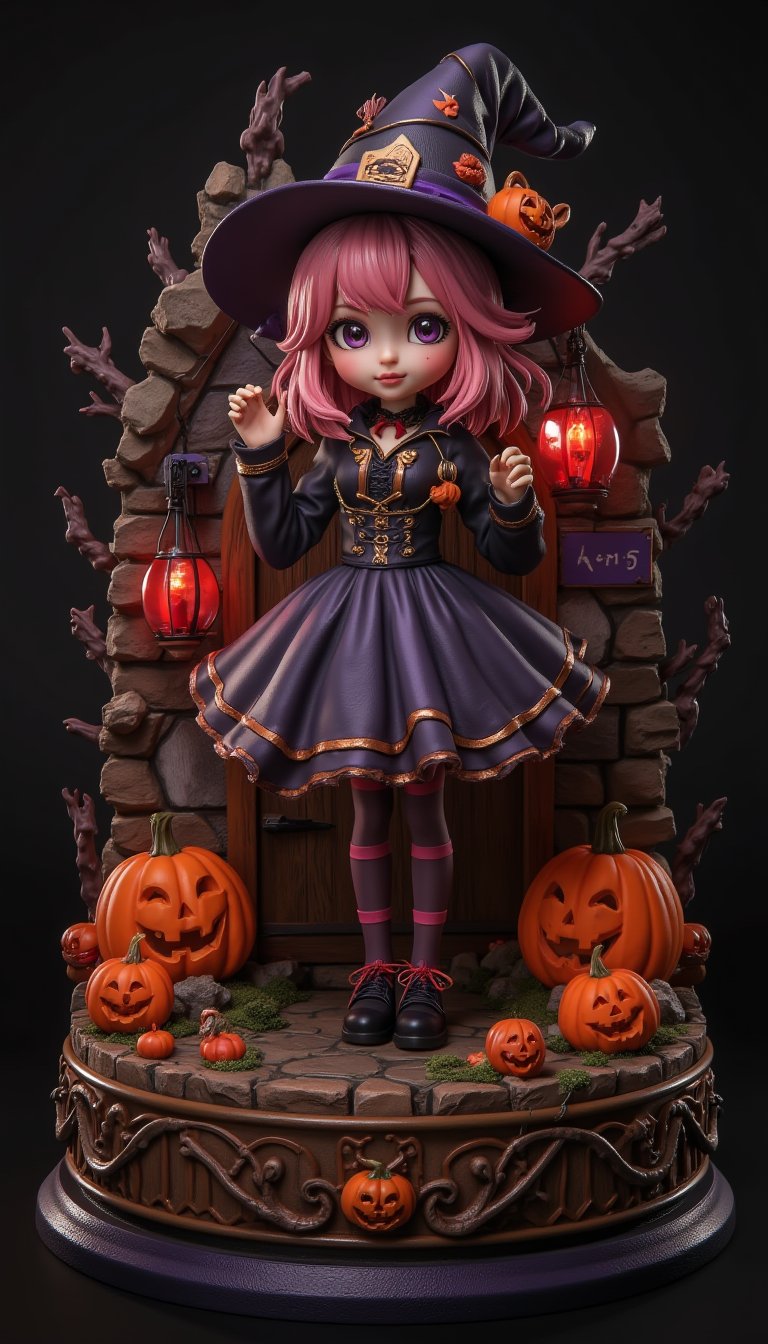 Seasonal figure diorama. It features Halloween-themed Wendy in a super-deformed style designed by YOKO TARO, a Halloween-themed background, and some scary lights., (Detailed Textures, high quality, high resolution, high Accuracy, realism, color correction, Proper lighting settings, harmonious composition, Behance works),VNS_Add more details,Resin