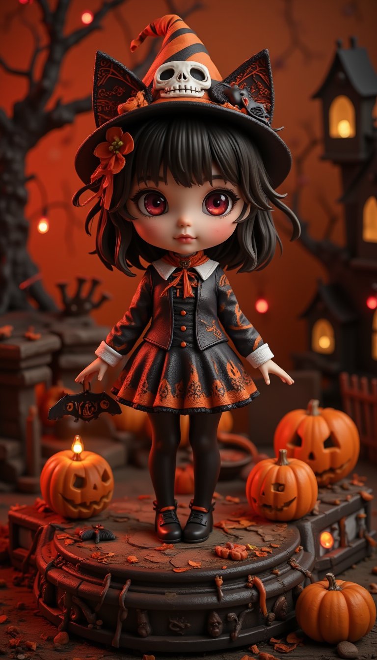 Seasonal figure diorama. It features Halloween-themed Wendy in a super-deformed style designed by YOKO TARO, a Halloween-themed background, and some scary lights., (Detailed Textures, high quality, high resolution, high Accuracy, realism, color correction, Proper lighting settings, harmonious composition, Behance works),VNS_Add more details,Resin