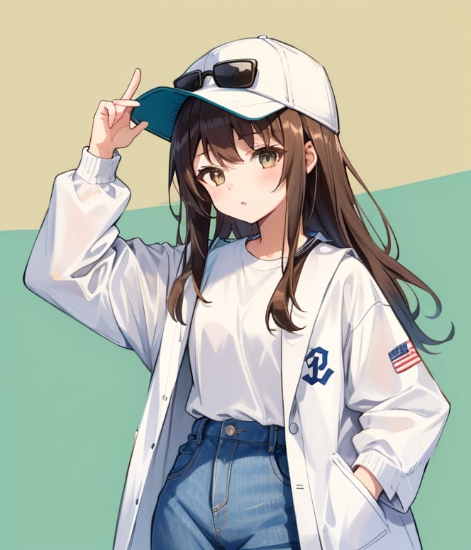 1girl, solo, long hair, brown hair, shirt, hat, white shirt, pants, chibi, lips, coat, black headwear, sunglasses, baseball cap, hand in pocket